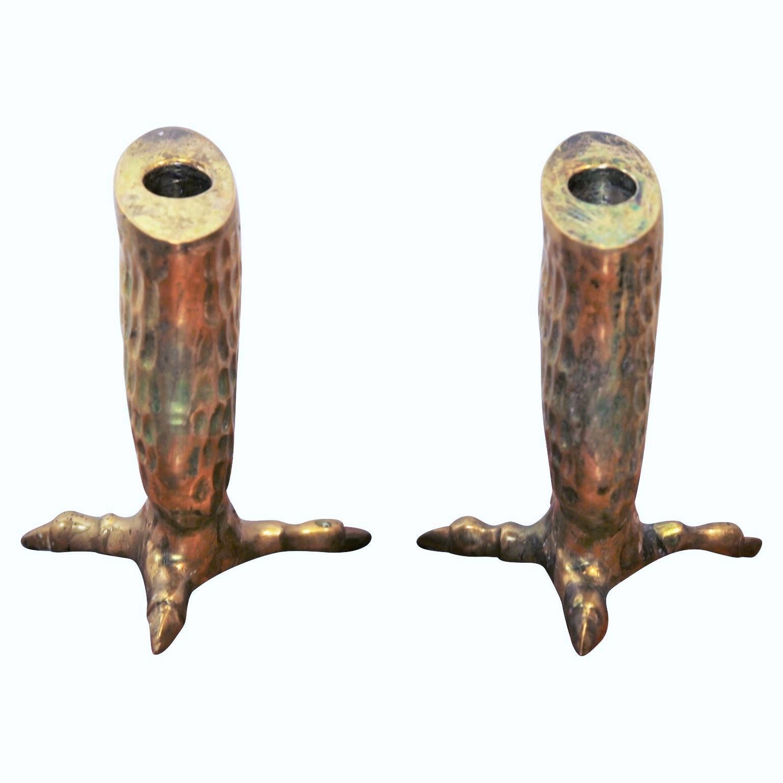 Italian Pair of Brass Hollywood Regency Eagle Talon Shaped Candlestick Holders