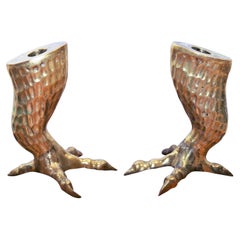 Pair of Brass Hollywood Regency Eagle Talon Shaped Candlestick Holders