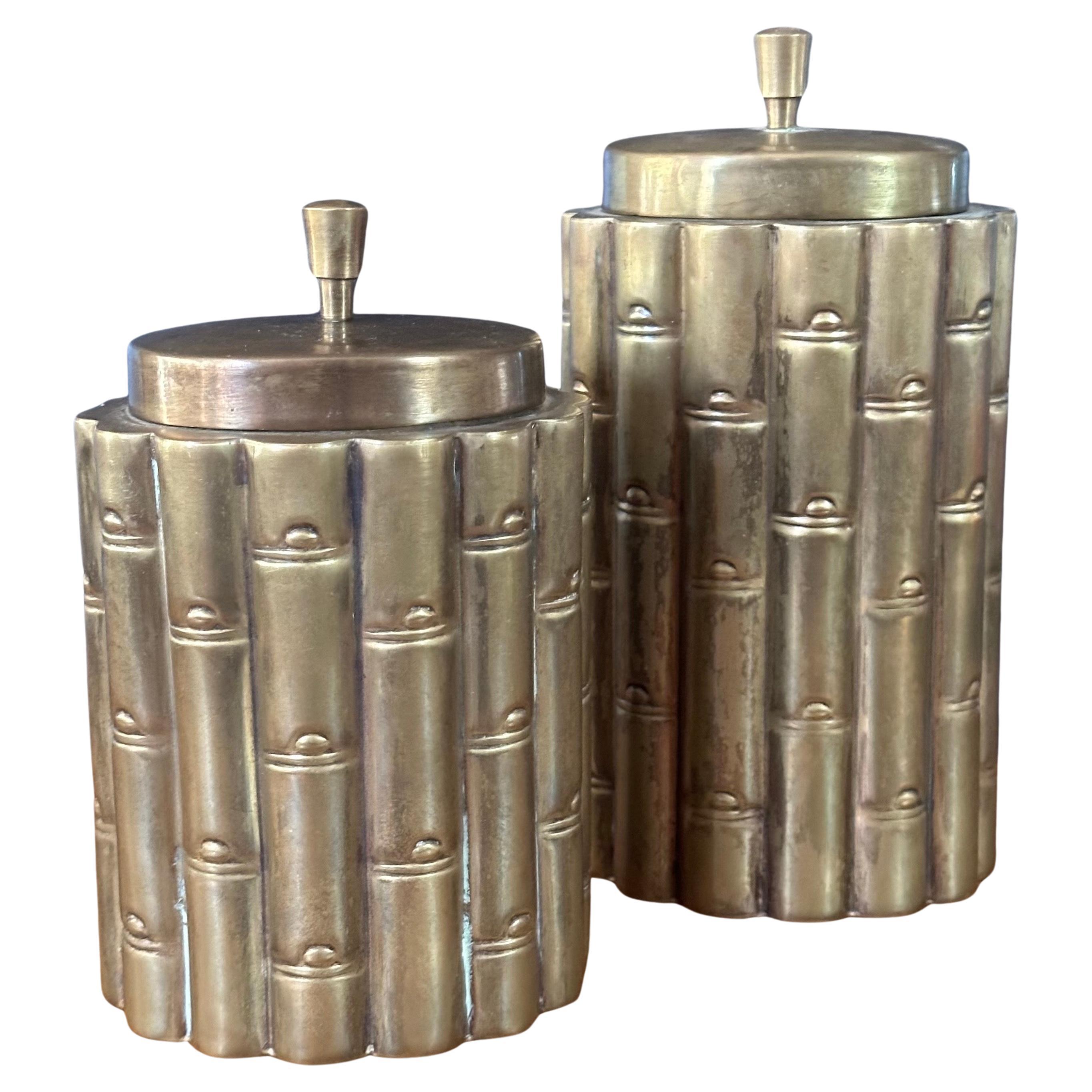 Pair of Brass Hollywood Regency Faux Bamboo Cannisters For Sale 5