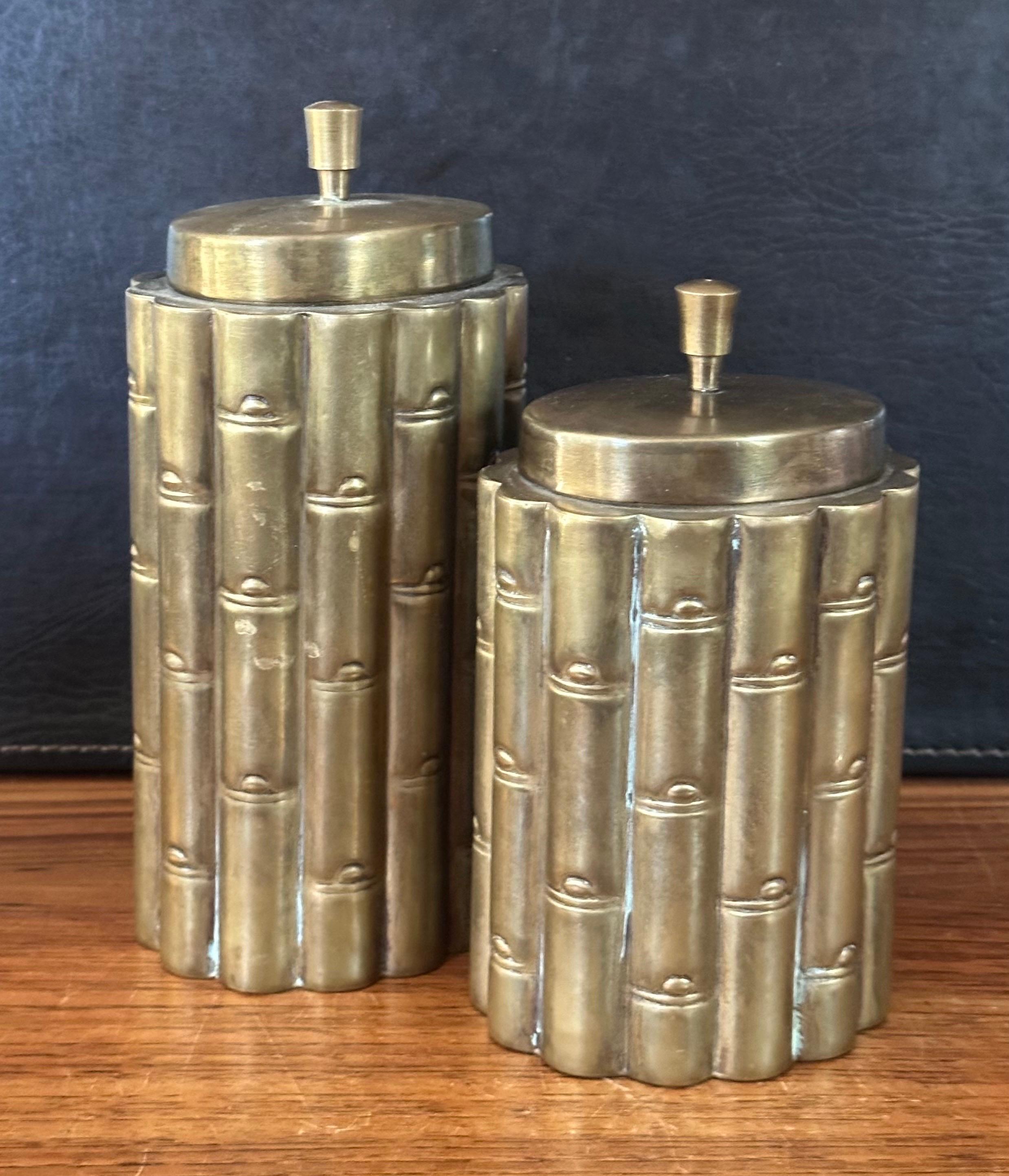 North American Pair of Brass Hollywood Regency Faux Bamboo Cannisters For Sale