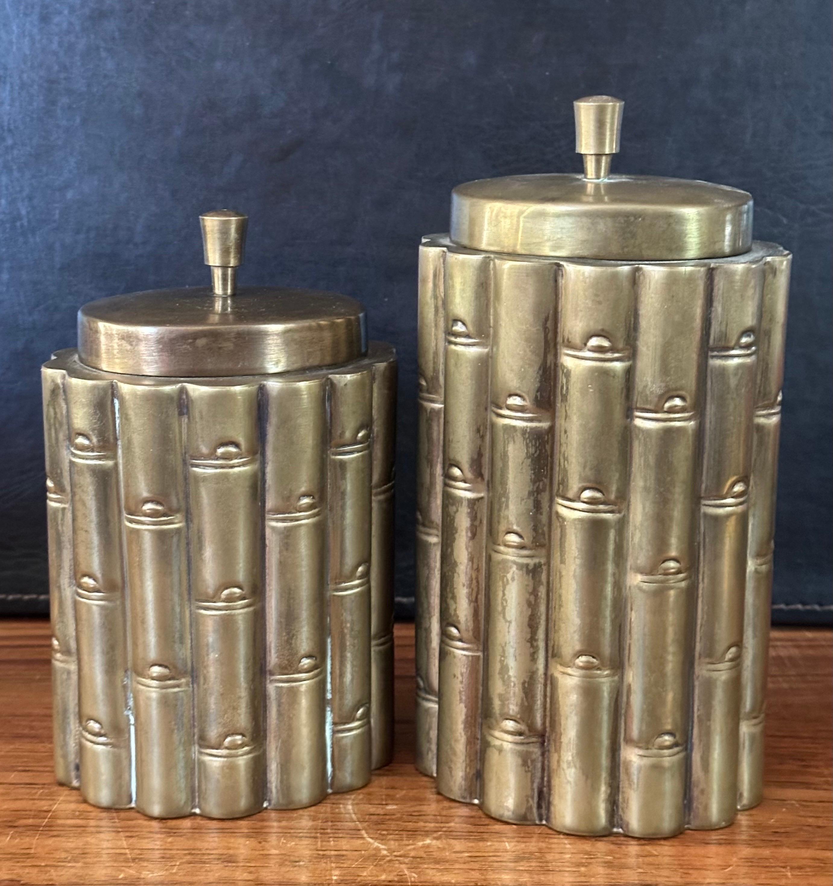Pair of Brass Hollywood Regency Faux Bamboo Cannisters In Good Condition For Sale In San Diego, CA