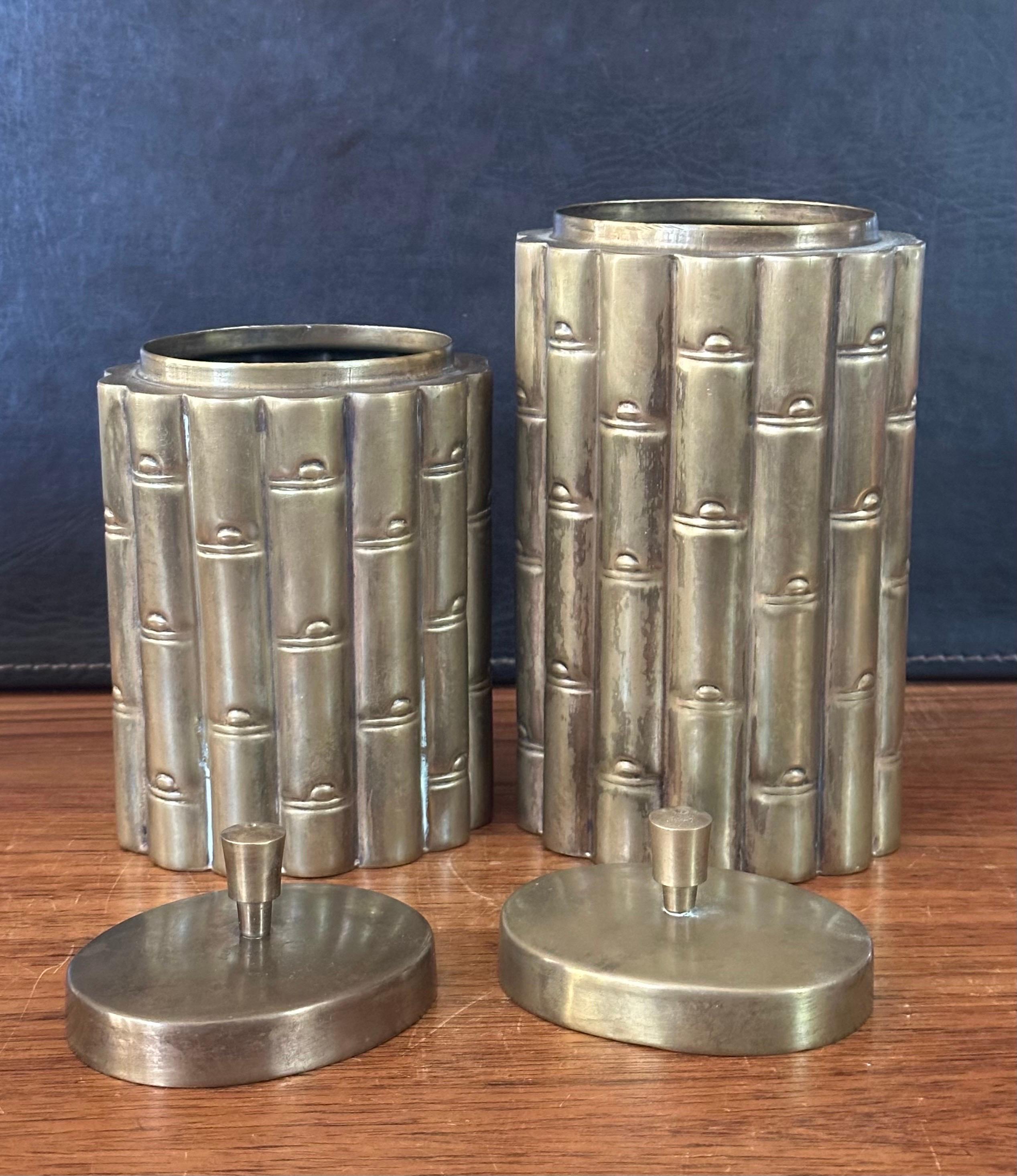 20th Century Pair of Brass Hollywood Regency Faux Bamboo Cannisters For Sale