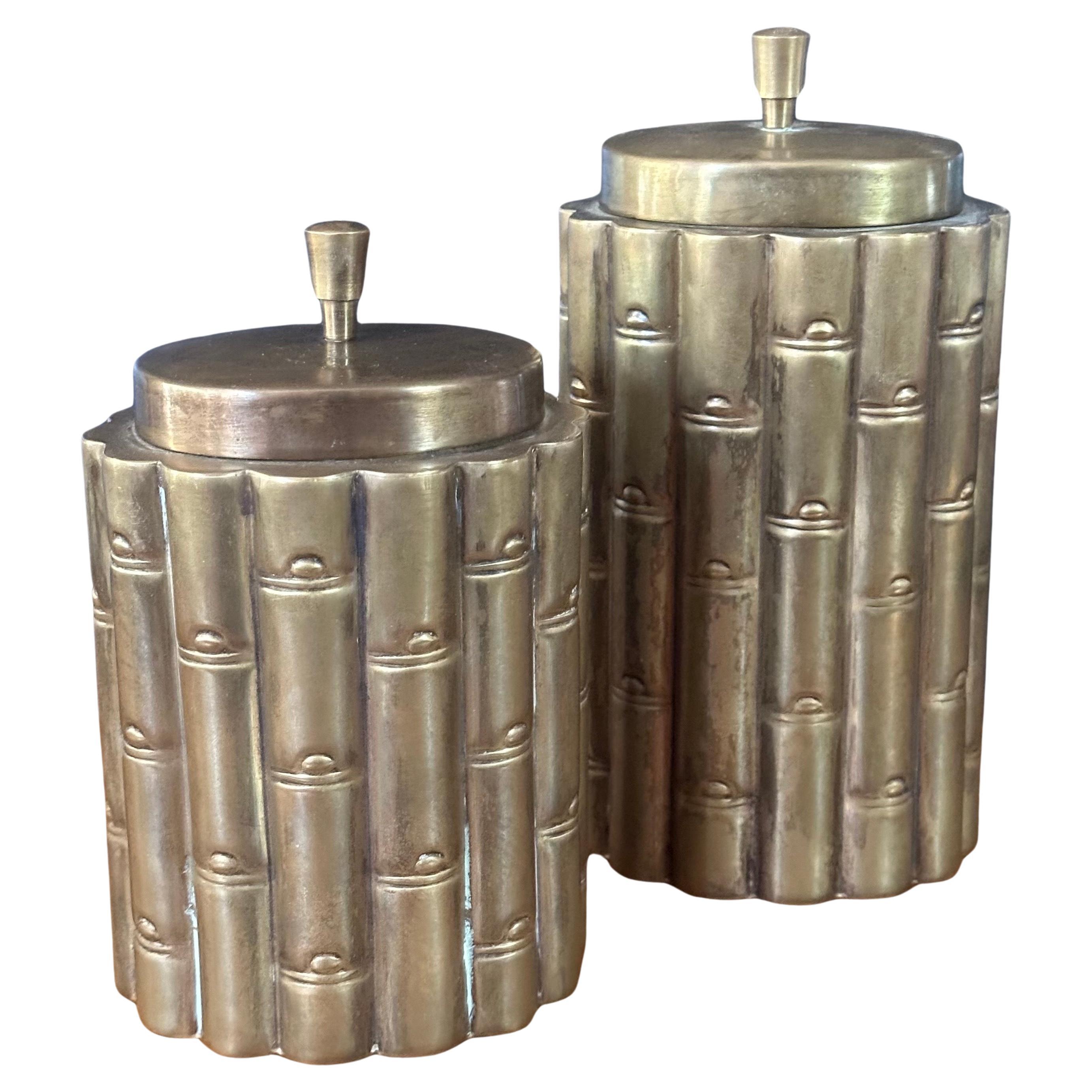 Pair of Brass Hollywood Regency Faux Bamboo Cannisters For Sale