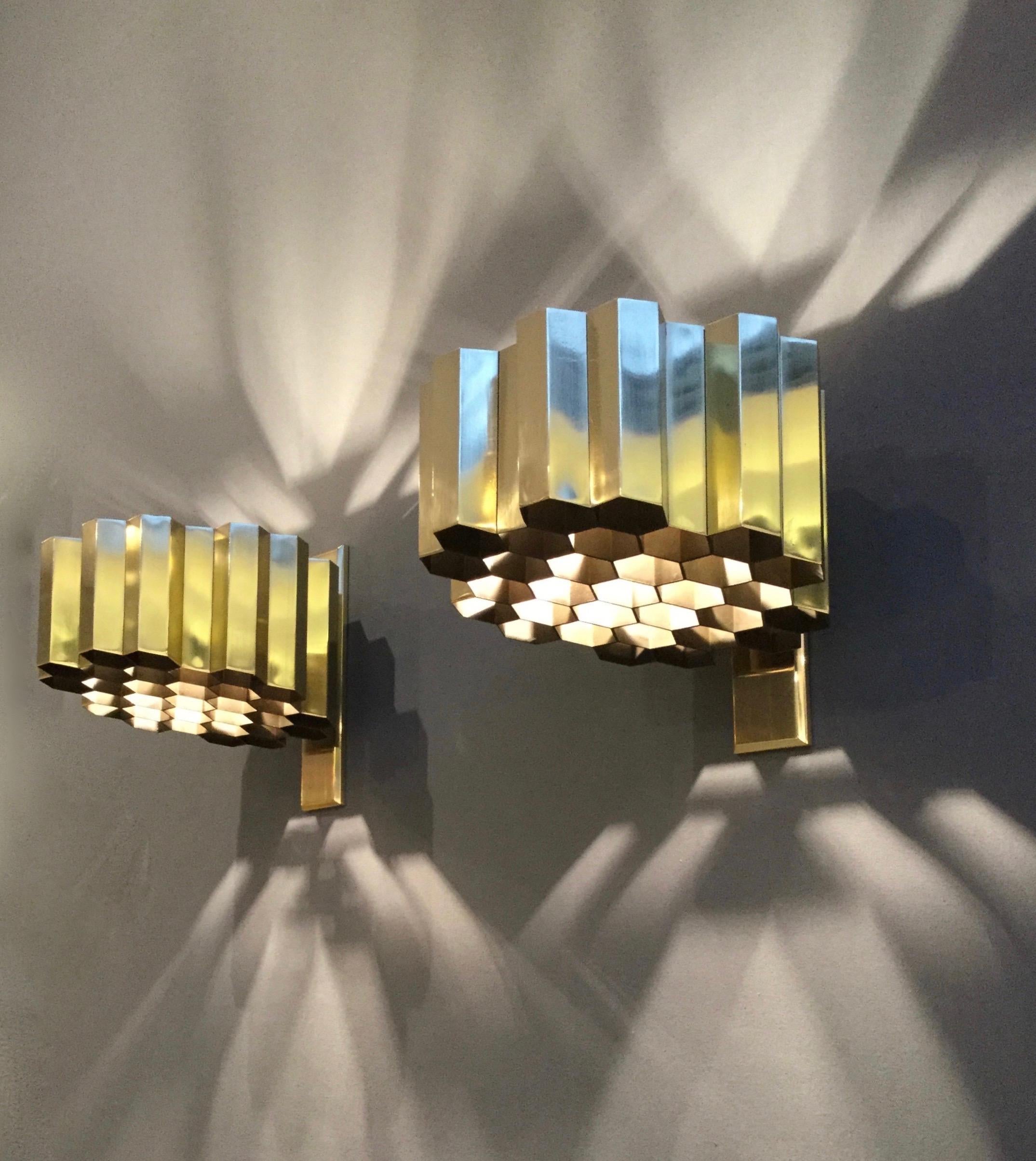 Pair of Brass Honeycomb Wall Sconces / Lamps by Jules Wabbes, Belgium, 1960 4