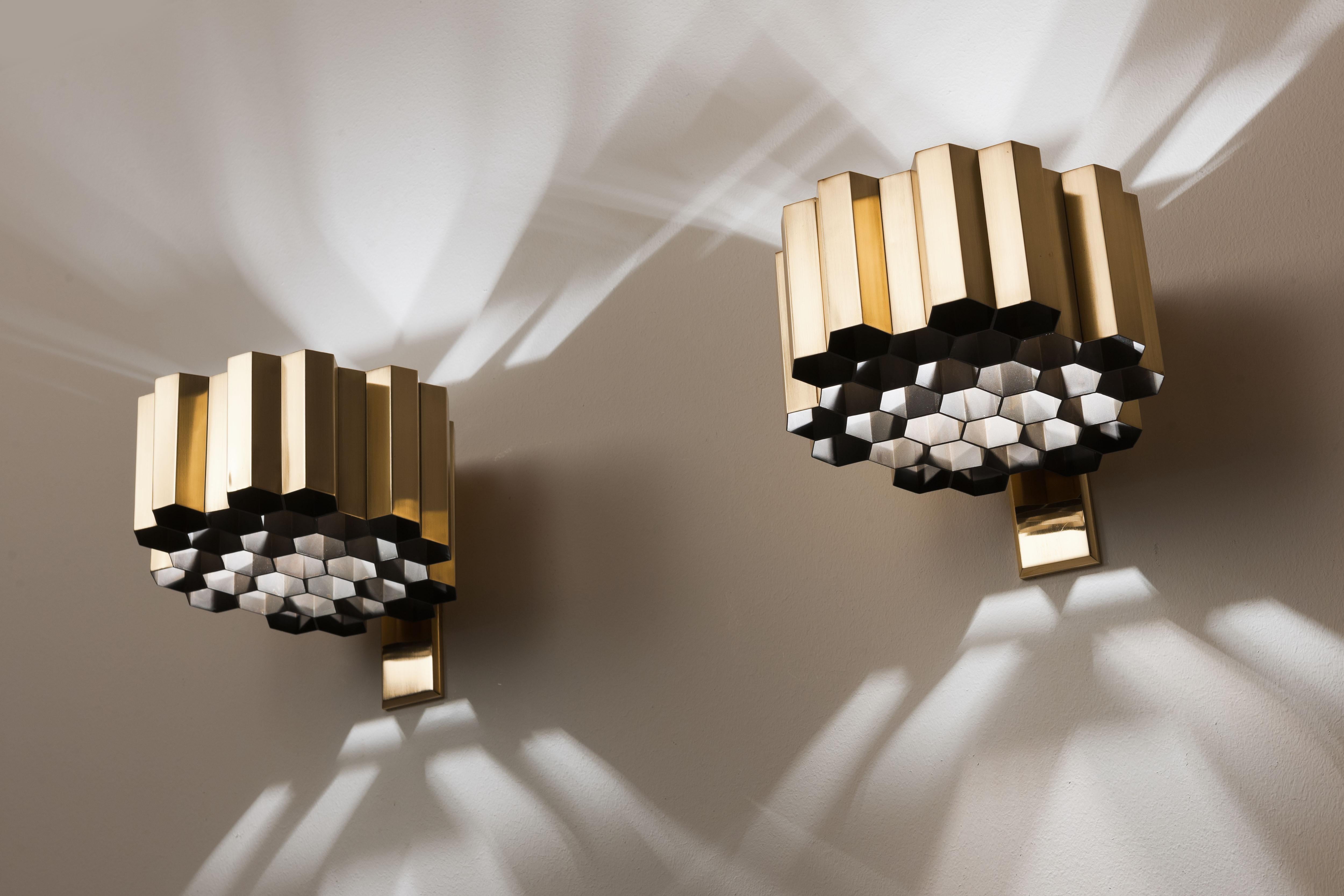 Modern Pair of Brass Honeycomb Wall Sconces / Lamps by Jules Wabbes, Belgium, 1960