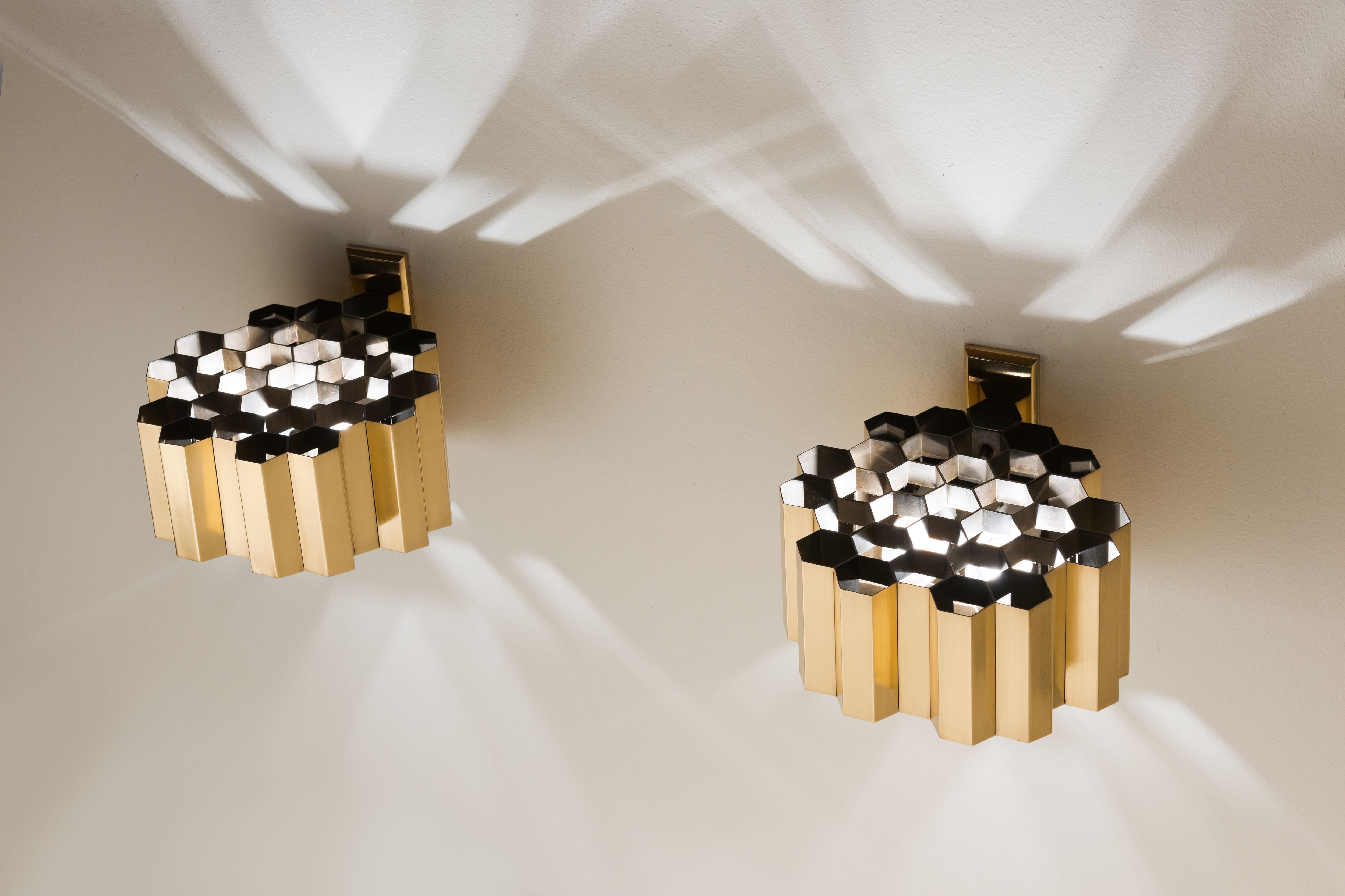 Mid-20th Century Pair of Brass Honeycomb Wall Sconces / Lamps by Jules Wabbes, Belgium, 1960