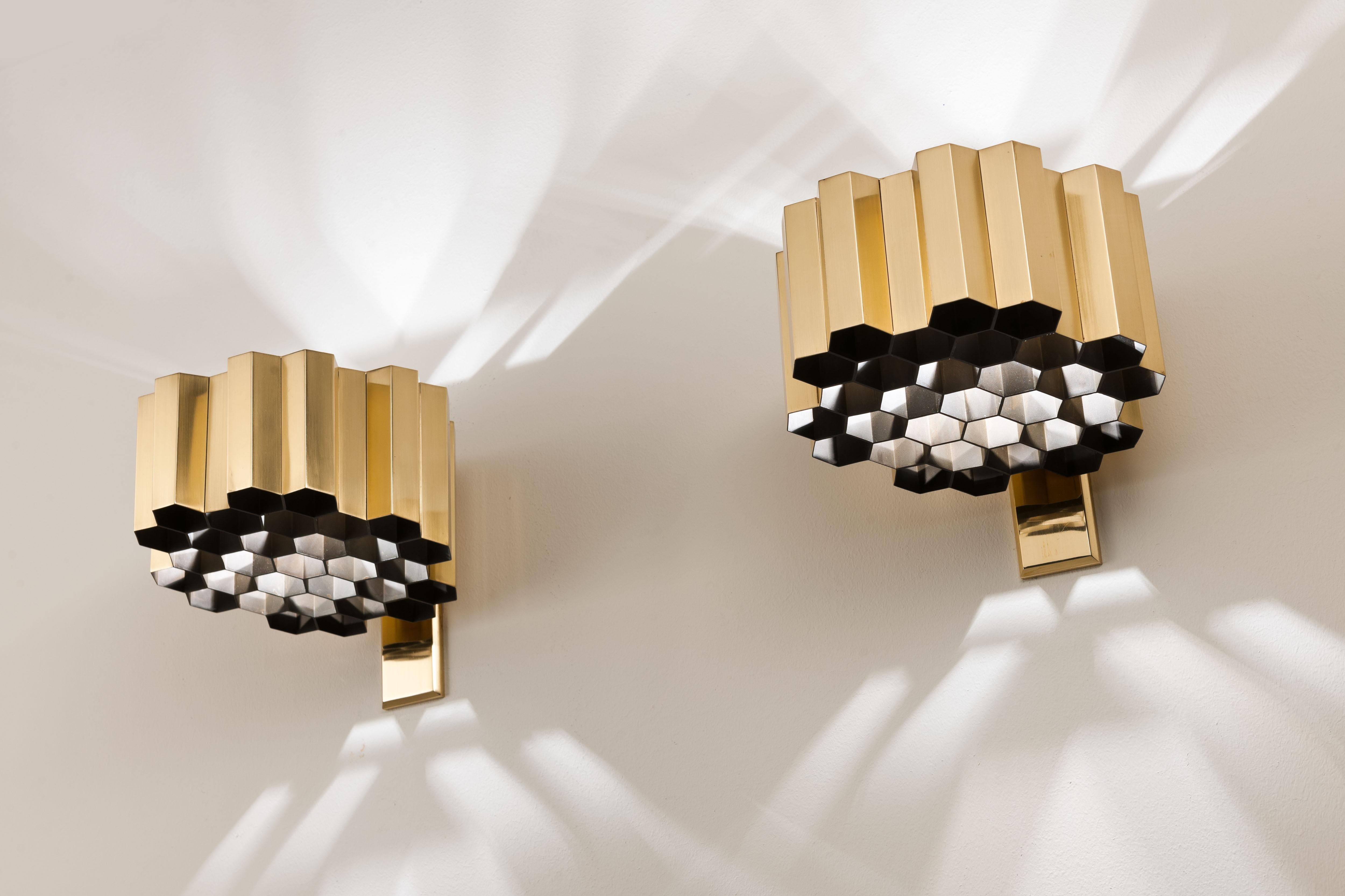 Pair of Brass Honeycomb Wall Sconces / Lamps by Jules Wabbes, Belgium, 1960 1