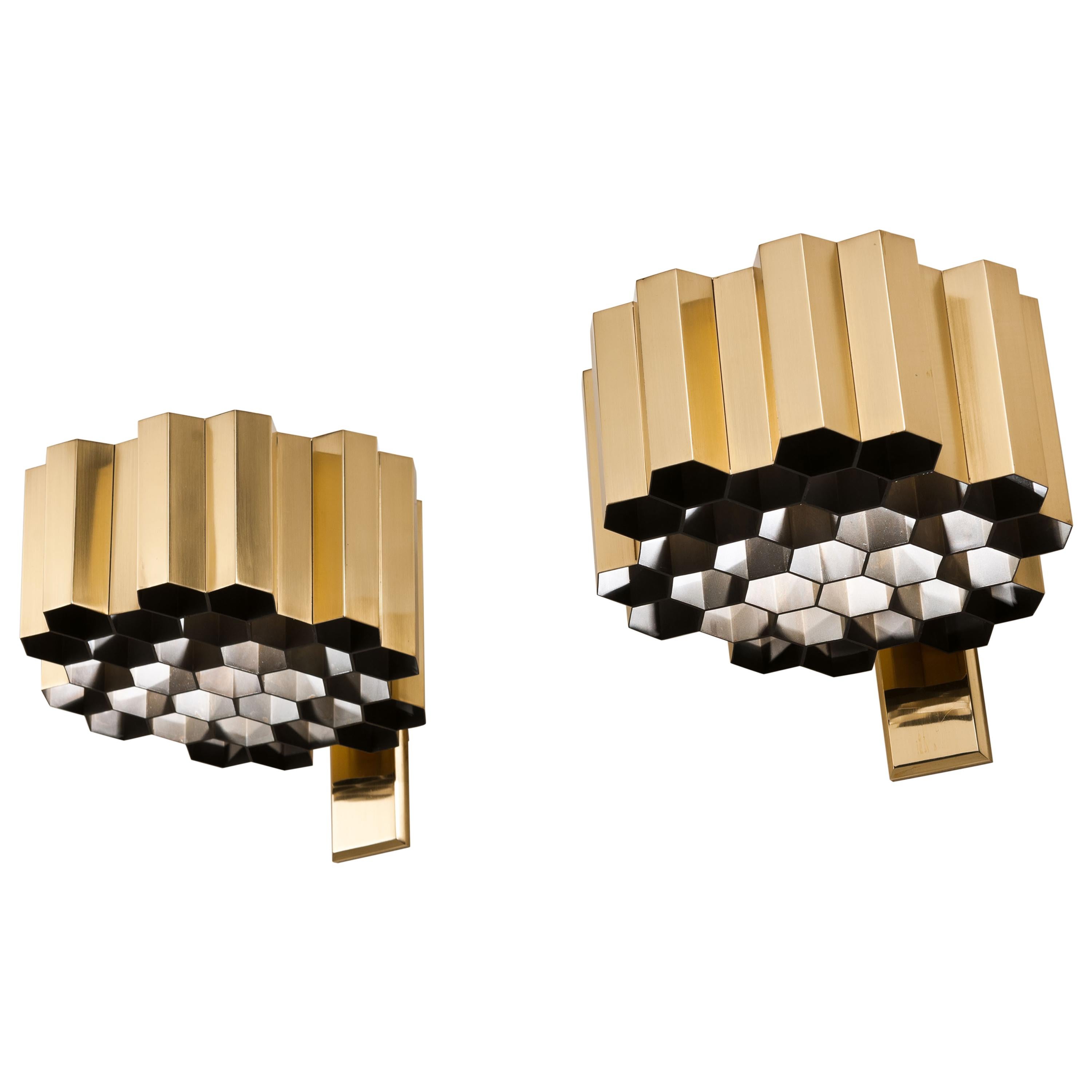 Pair of Brass Honeycomb Wall Sconces / Lamps by Jules Wabbes, Belgium, 1960