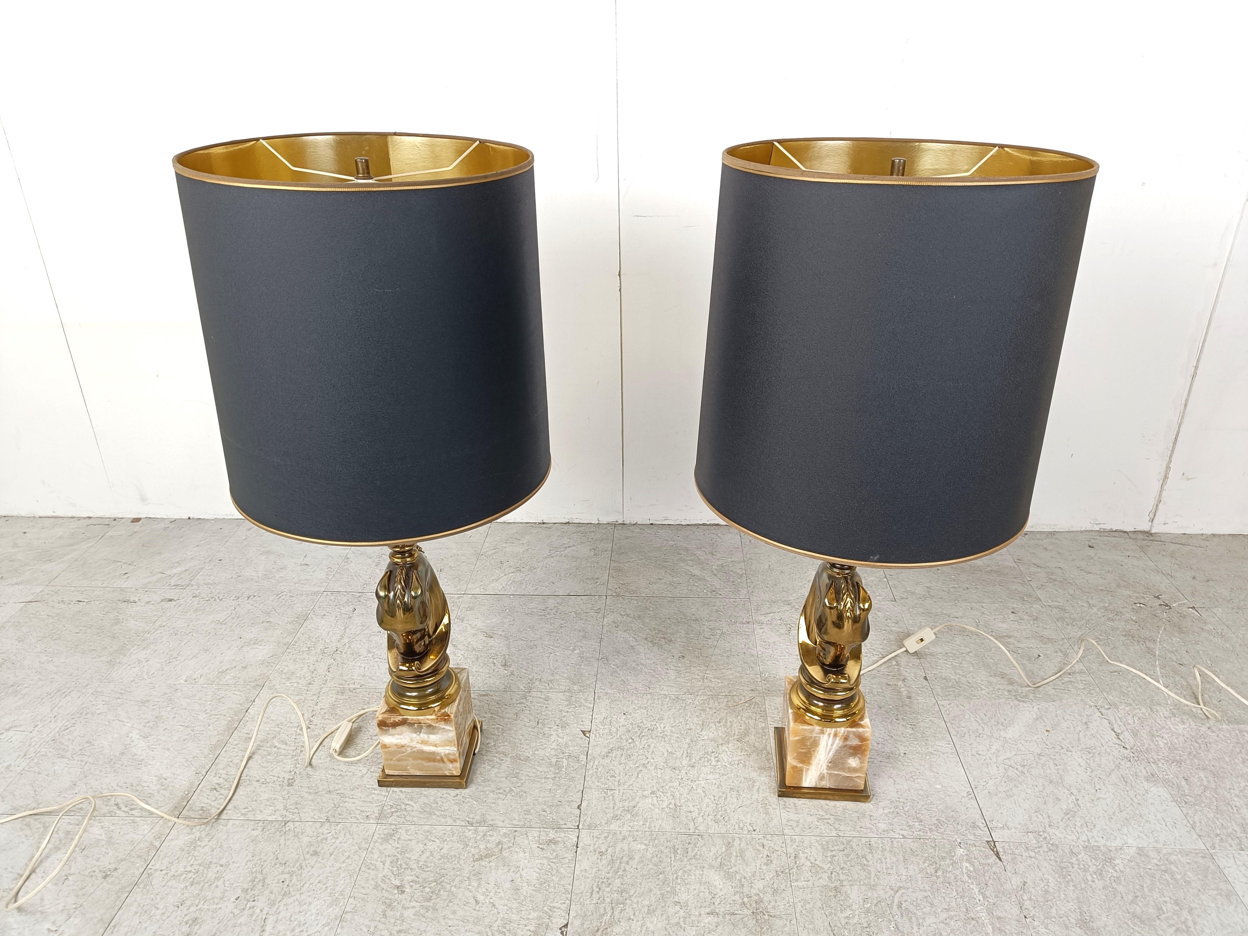 Hollywood Regency Pair of Brass Horse Head Table Lamps, 1970s Belgium For Sale