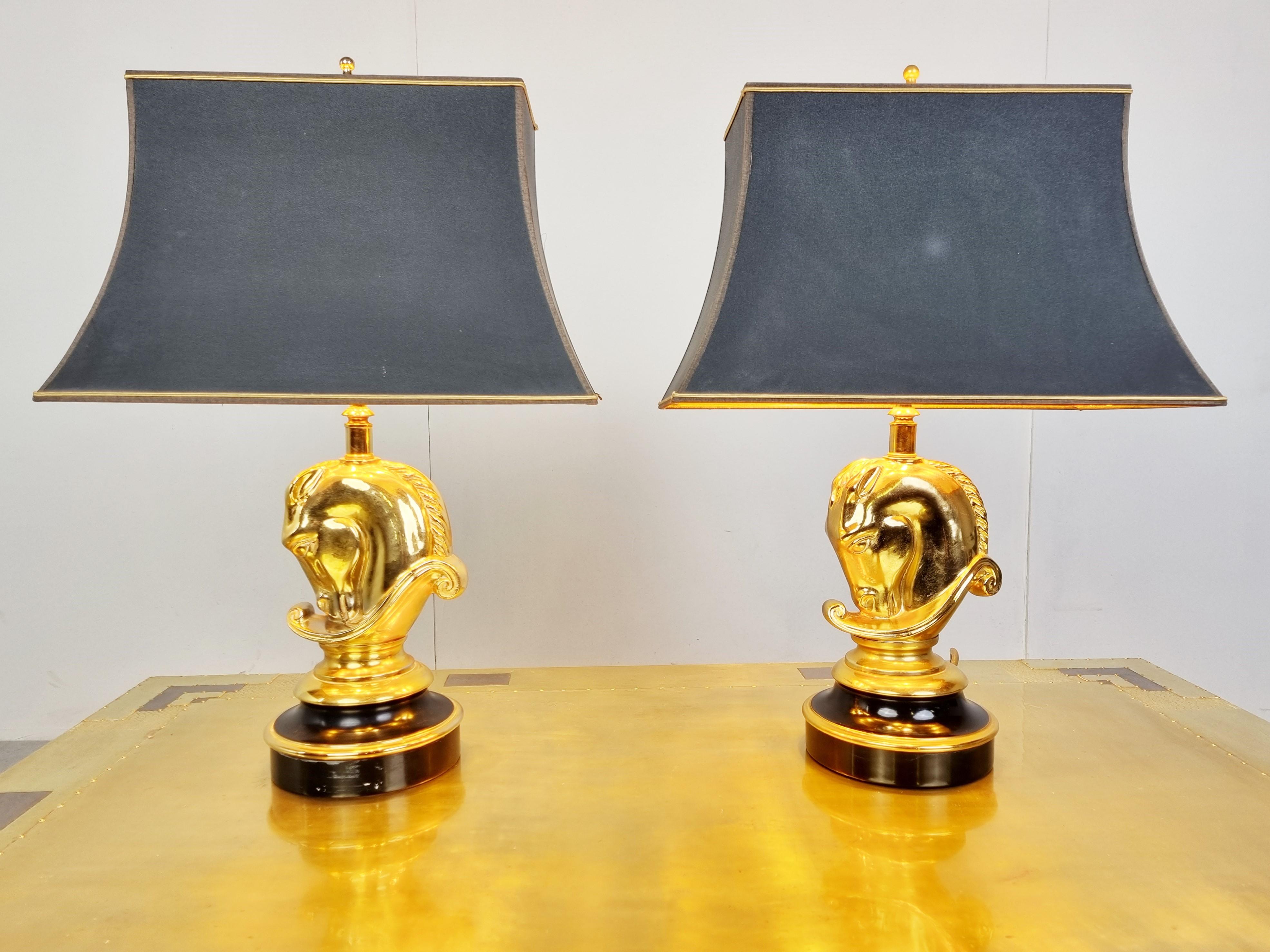 Belgian Pair of Brass Horse Head Table Lamps, 1970s Belgium For Sale