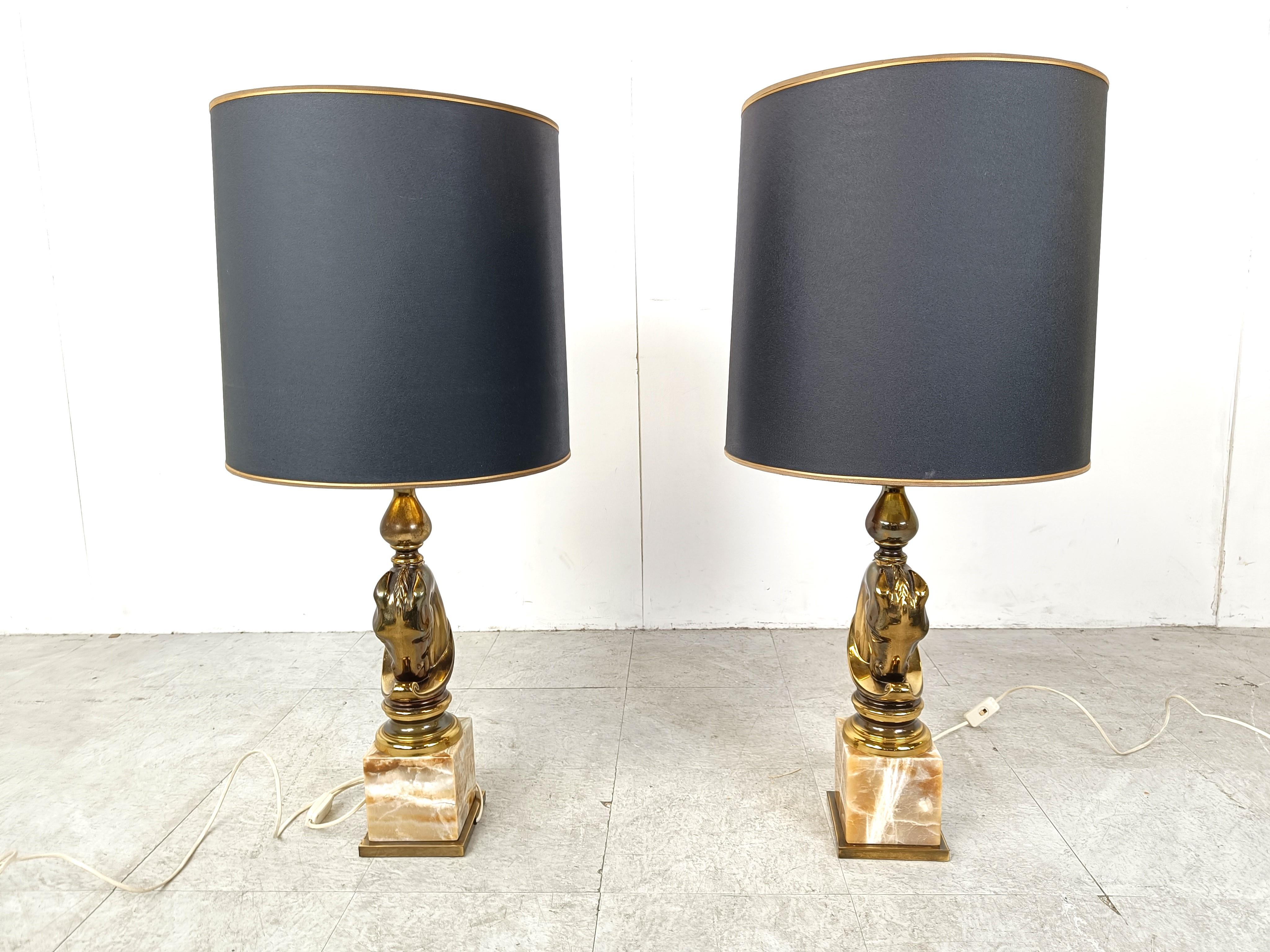 Belgian Pair of Brass Horse Head Table Lamps, 1970s Belgium For Sale