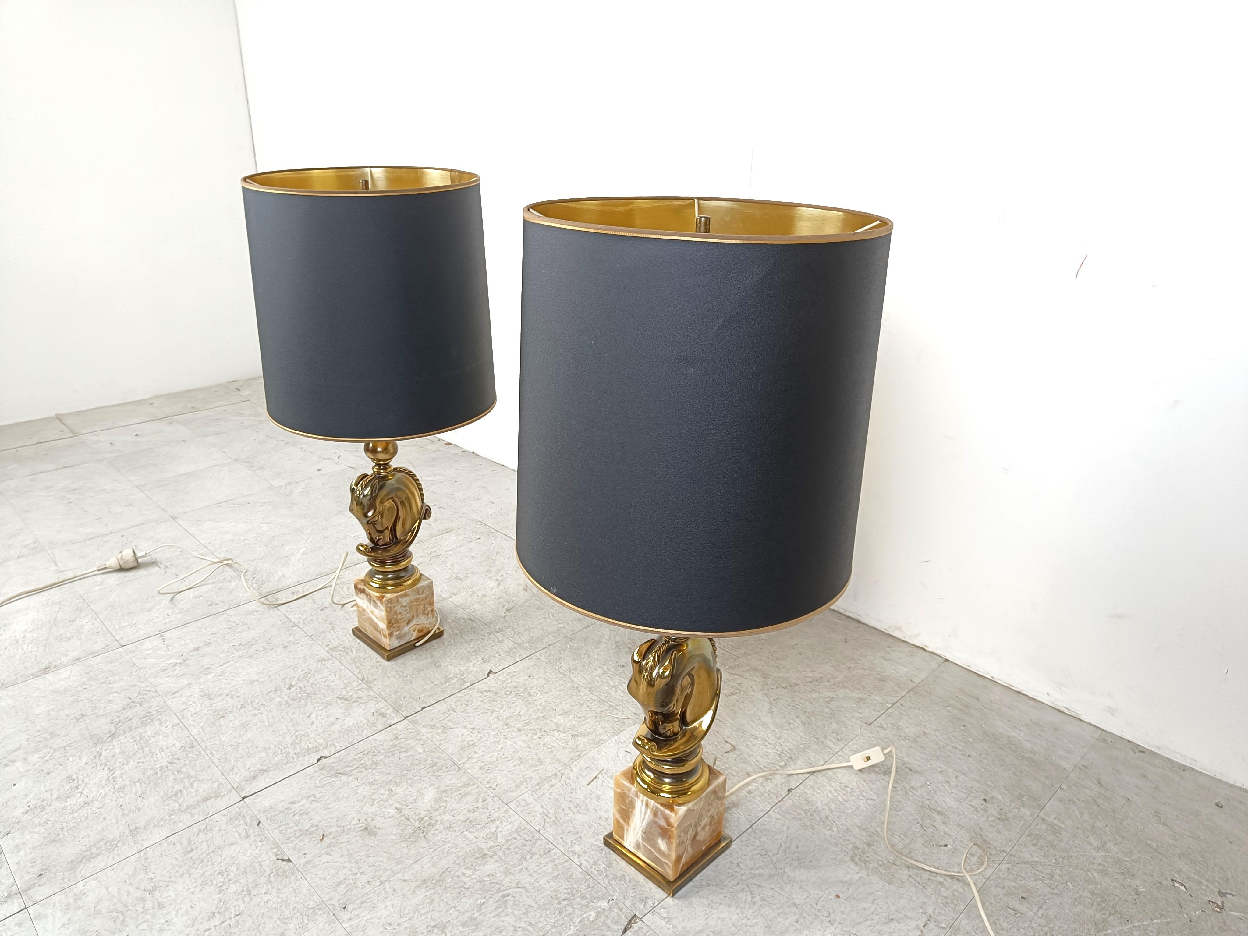 Late 20th Century Pair of Brass Horse Head Table Lamps, 1970s Belgium For Sale