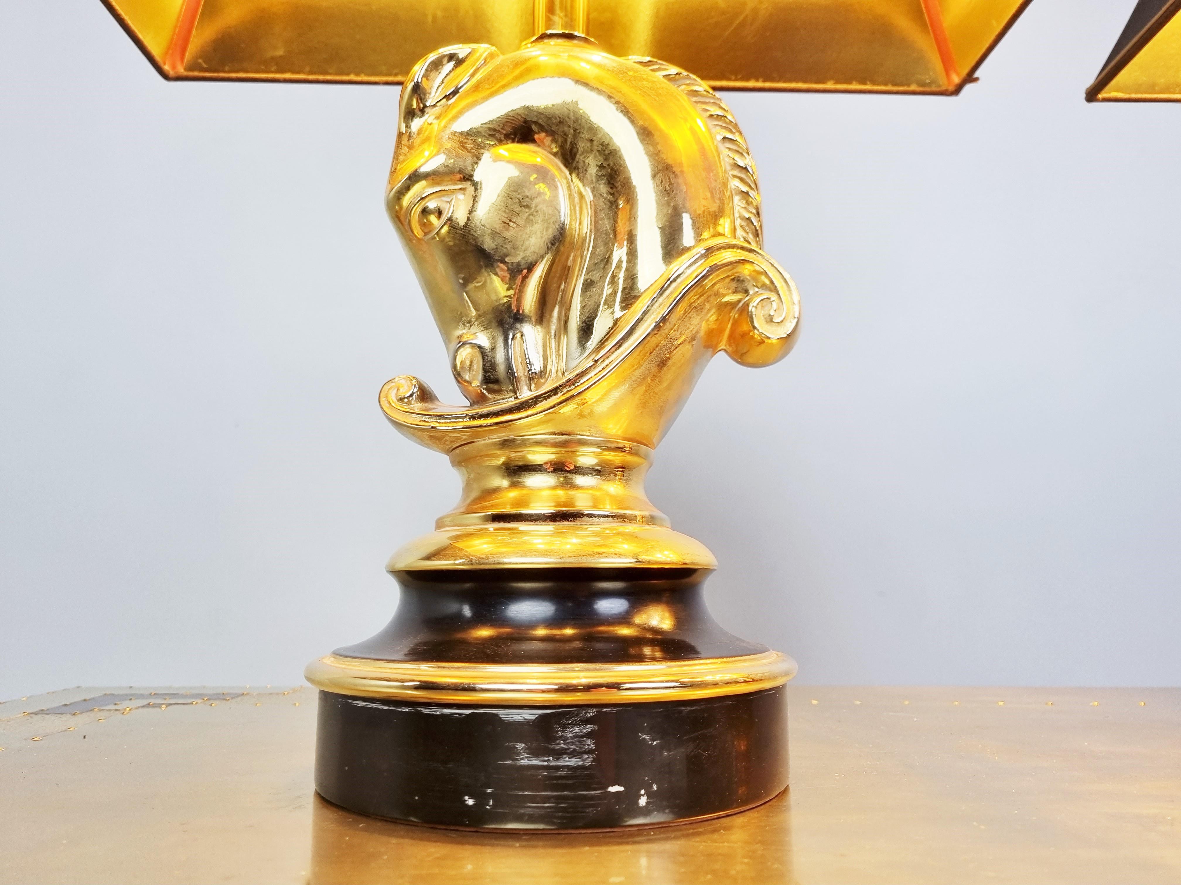 Gold Plate Pair of Brass Horse Head Table Lamps, 1970s Belgium For Sale