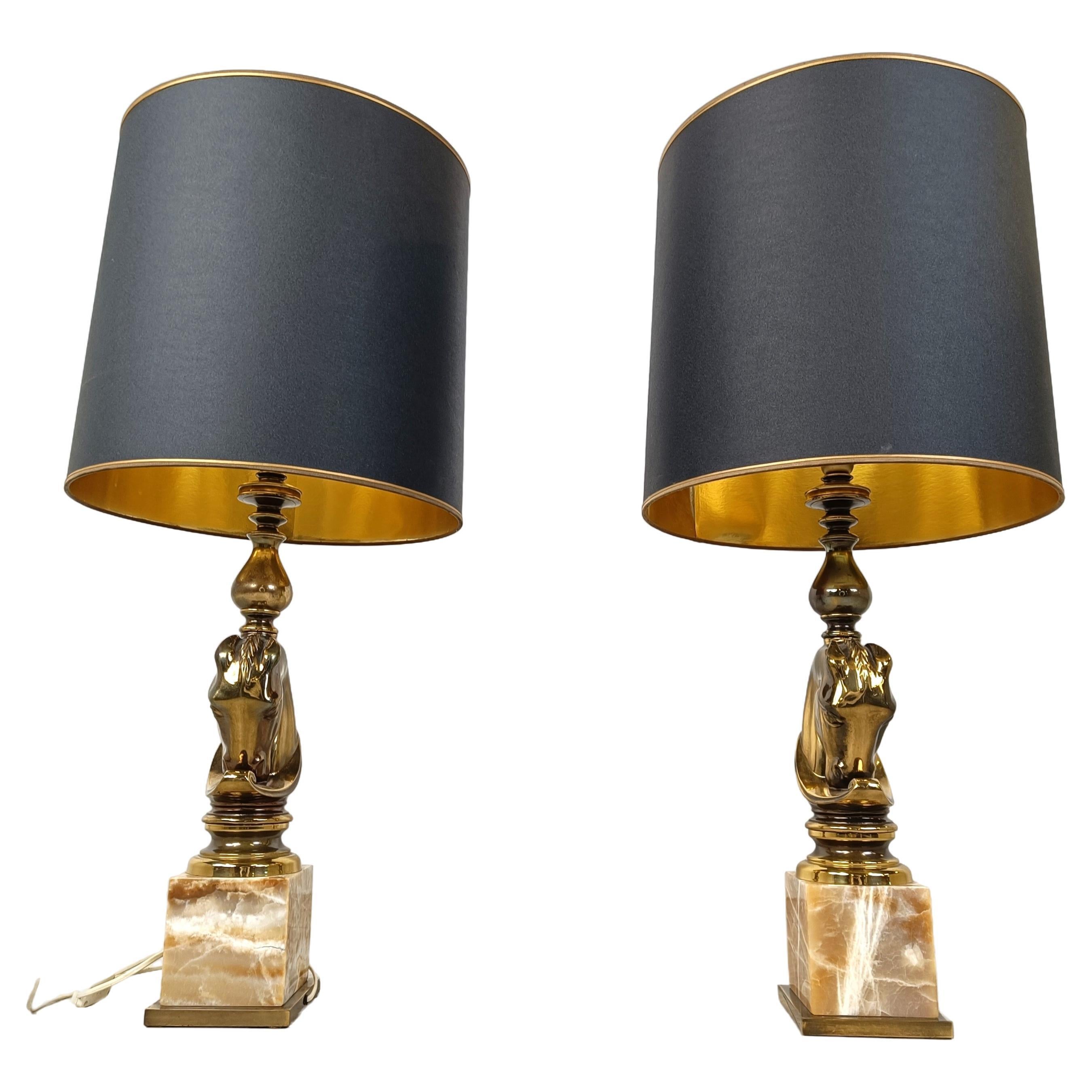 Pair of Brass Horse Head Table Lamps, 1970s Belgium For Sale