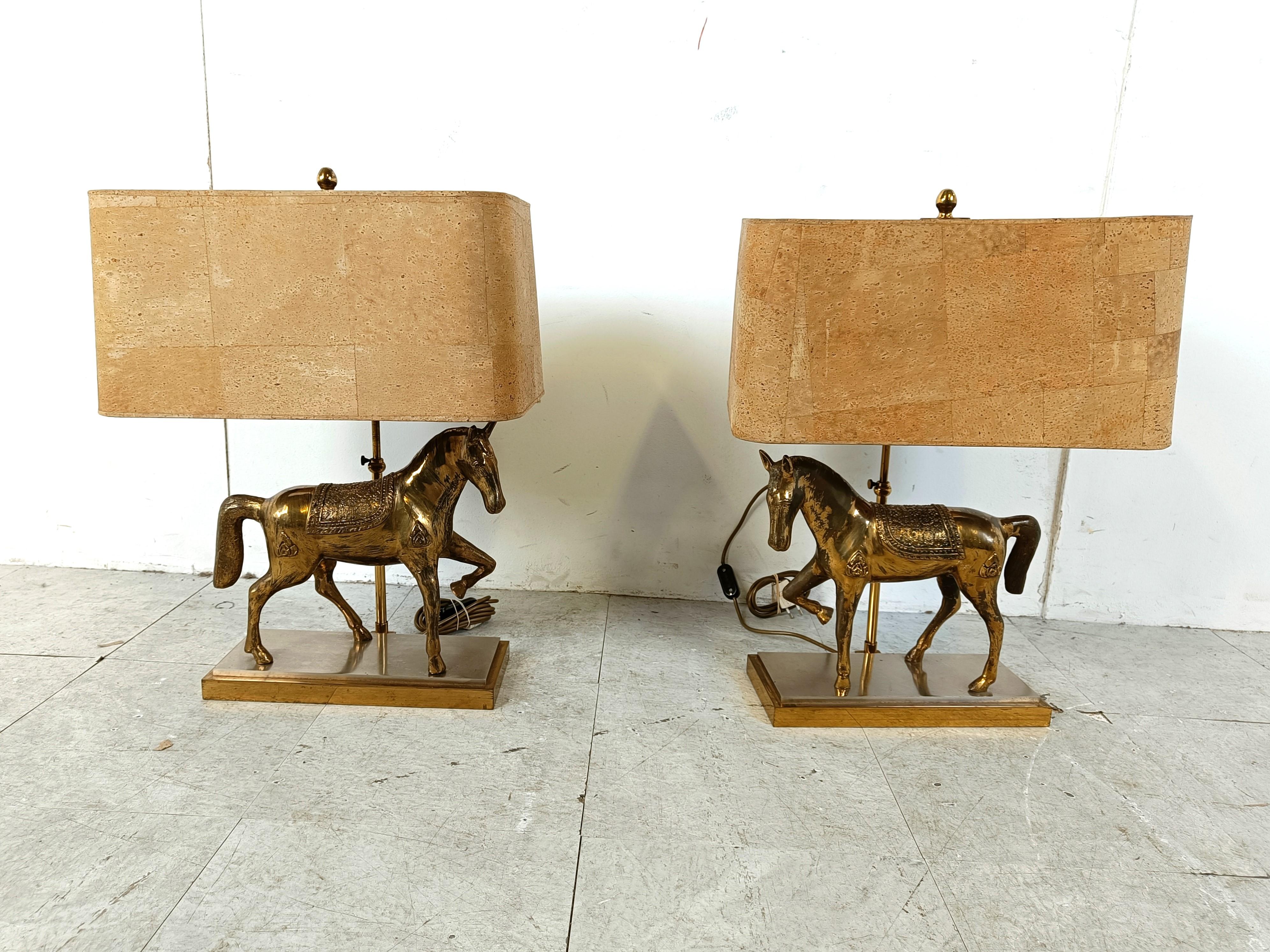 Hollywood Regency Pair of Brass Horse Table Lamps, 1970s Belgium For Sale