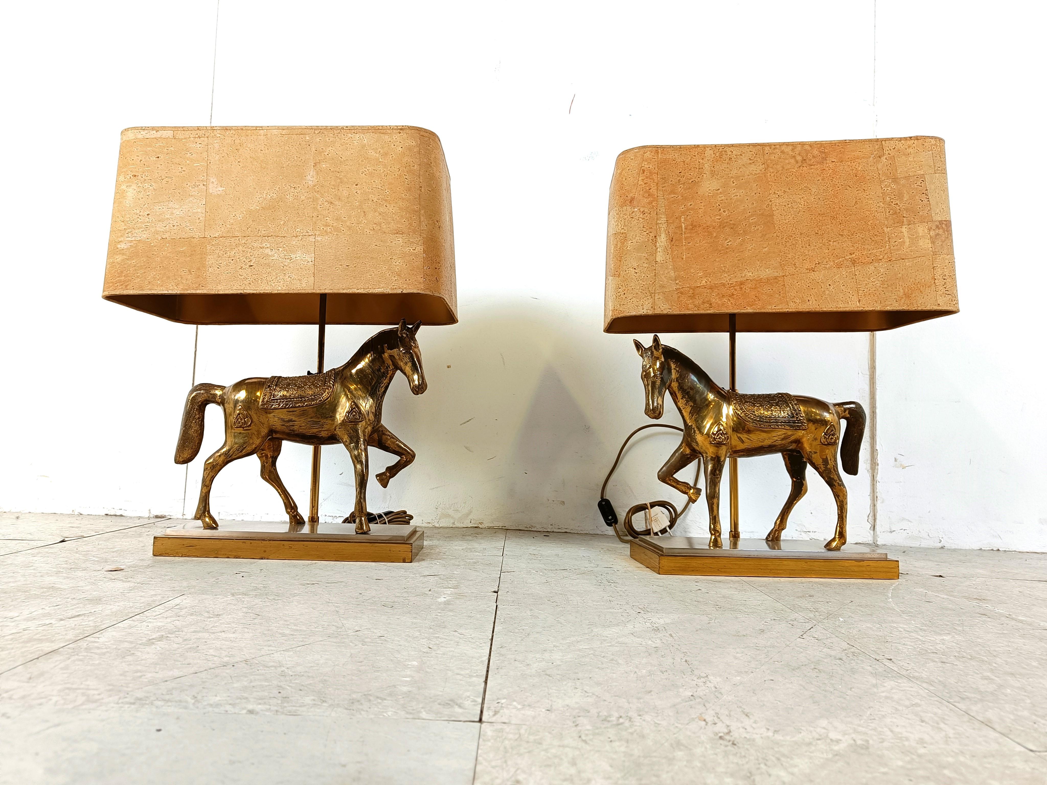Belgian Pair of Brass Horse Table Lamps, 1970s Belgium For Sale
