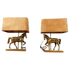 Antique Pair of Brass Horse Table Lamps, 1970s Belgium