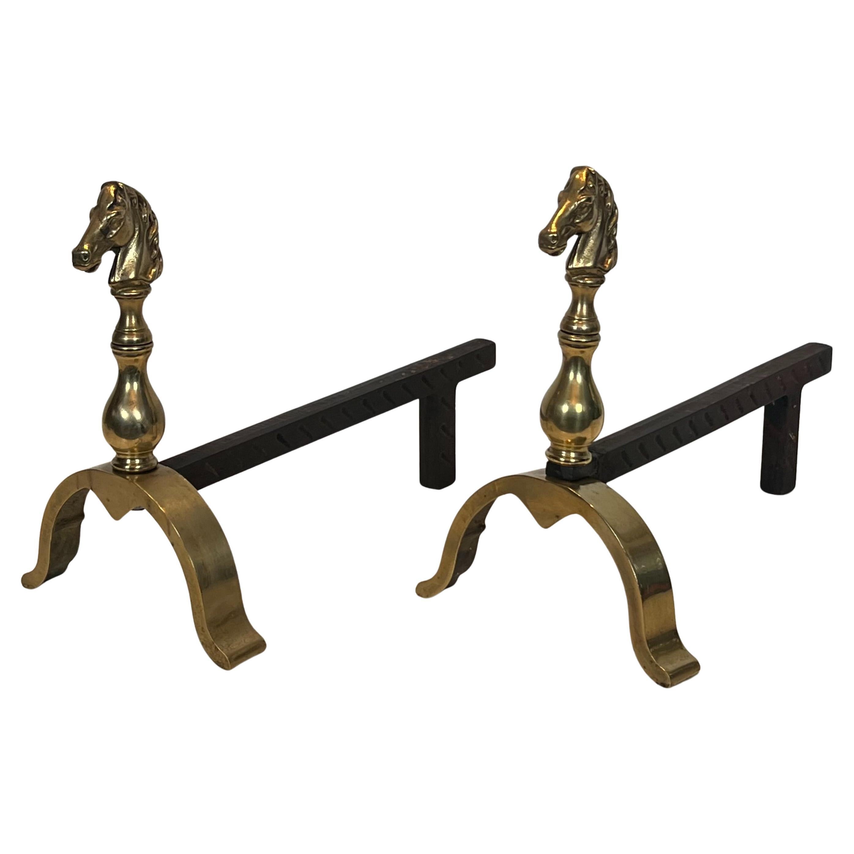 Pair of Brass Horses Andirons in the Style of Maison Jansen