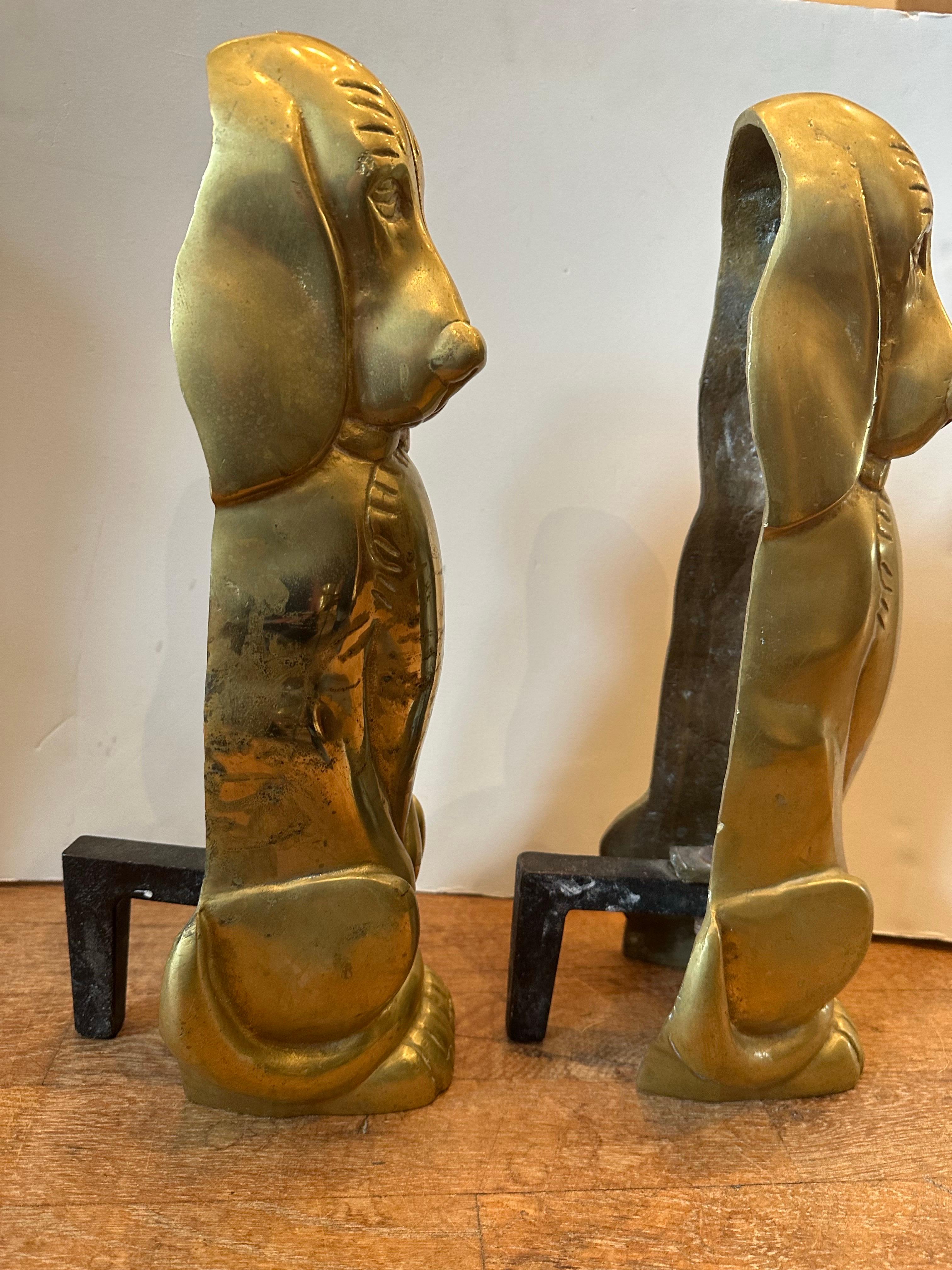 Pair of Brass Hound Dog Andirons In Good Condition For Sale In East Hampton, NY