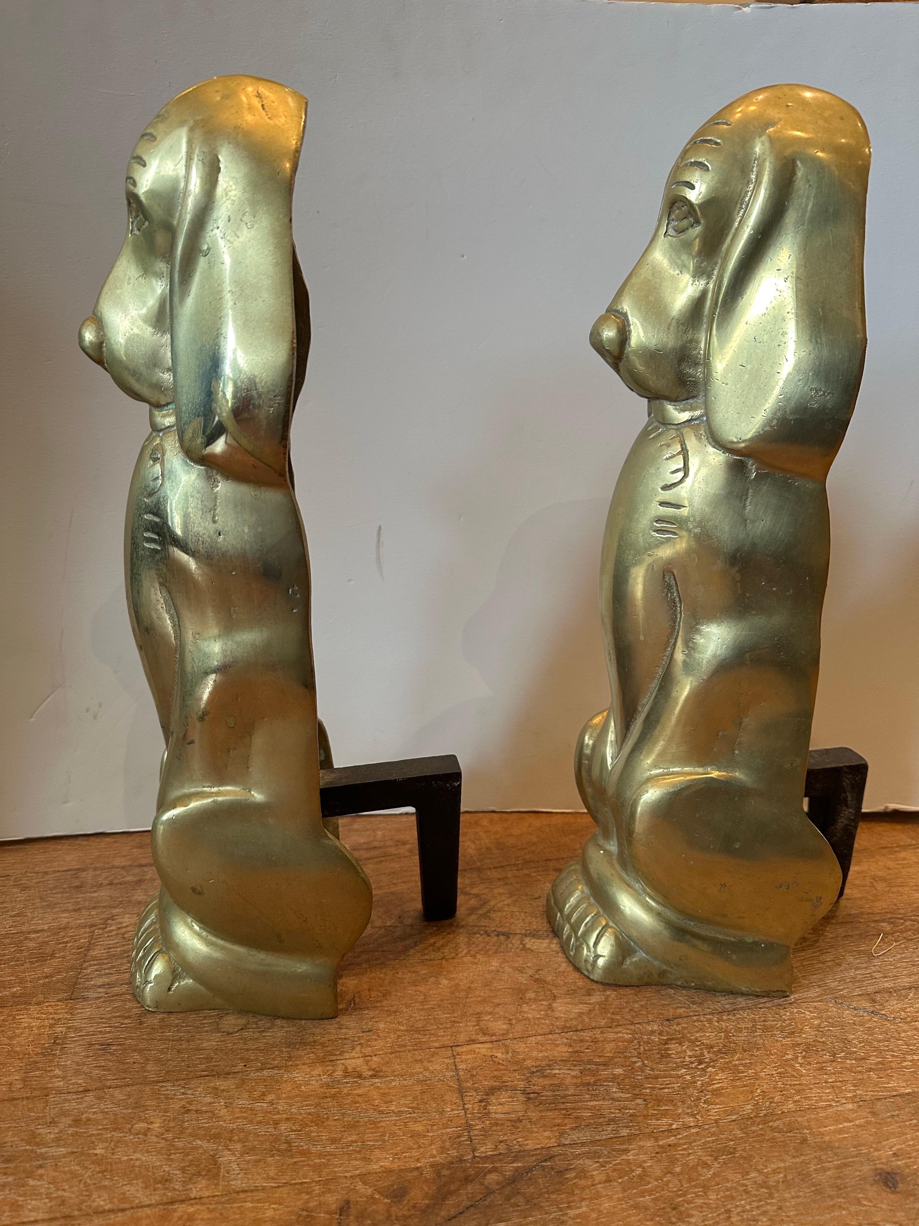20th Century Pair of Brass Hound Dog Andirons For Sale