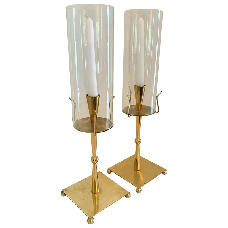 Pair of Brass Hurricane Candle Holders in the Style of Tommi Parzinger
