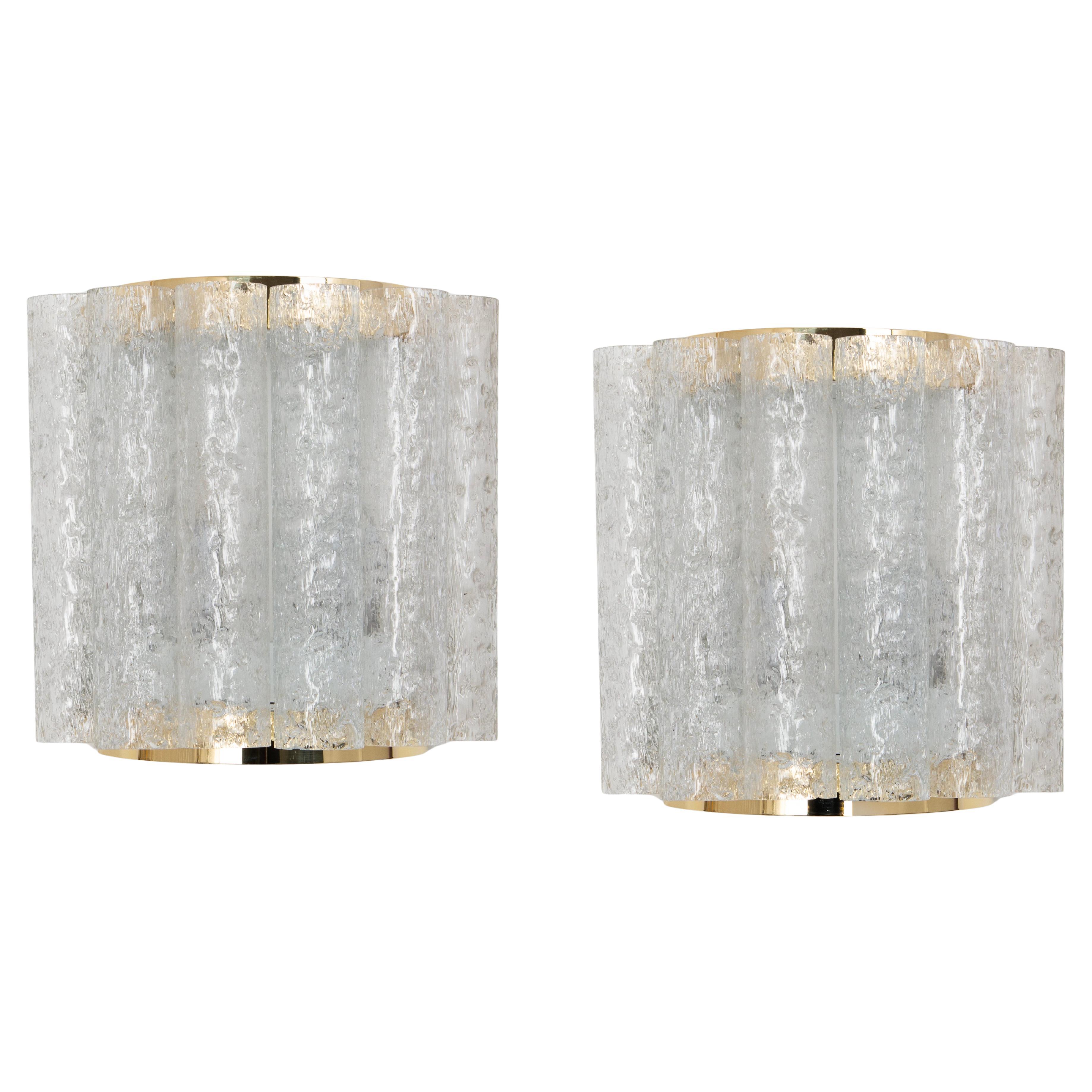 Pair of Brass Ice Glass Wall Sconces by Doria, Germany, 1960s