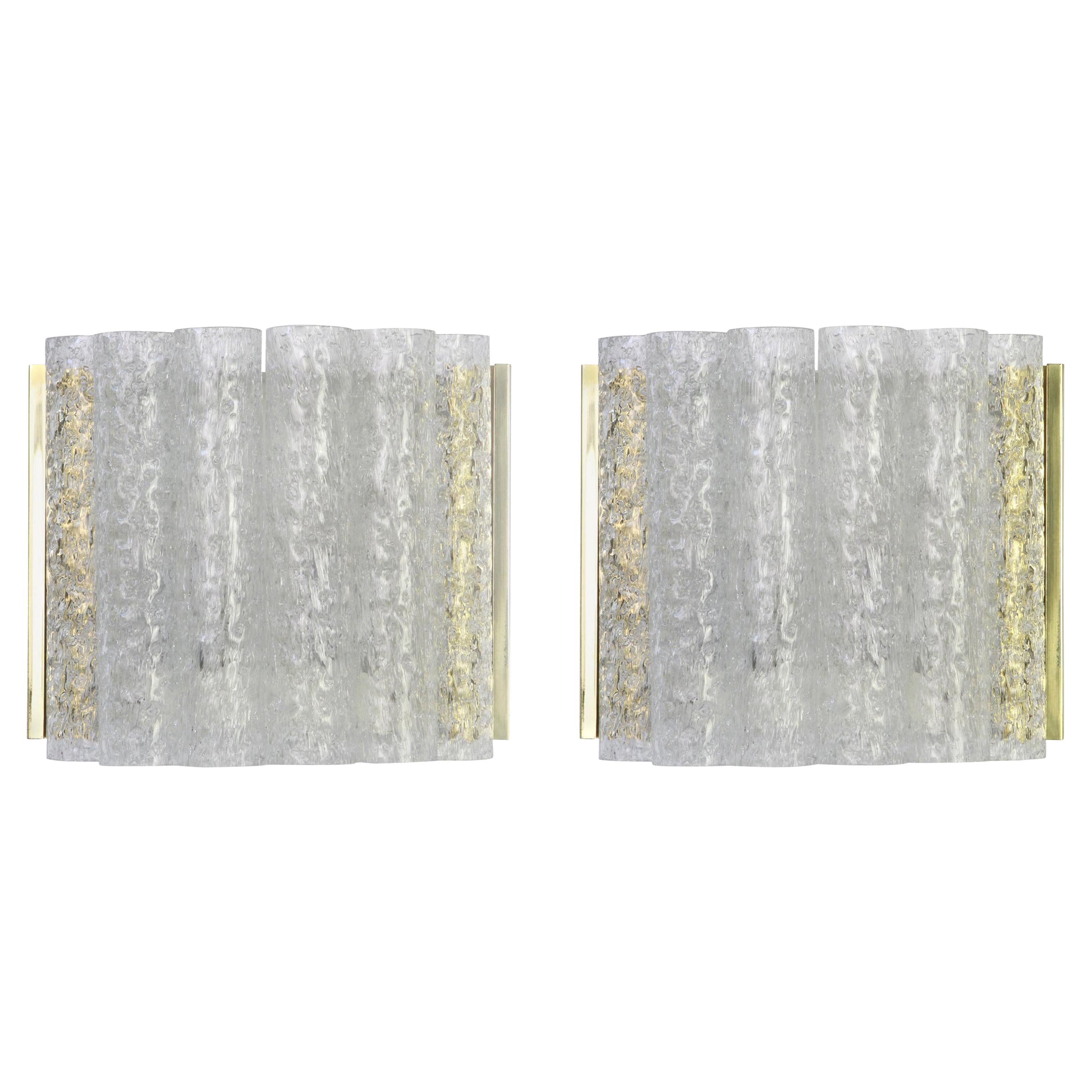 Pair of Brass Ice Glass Wall Sconces by Doria, Germany, 1960s