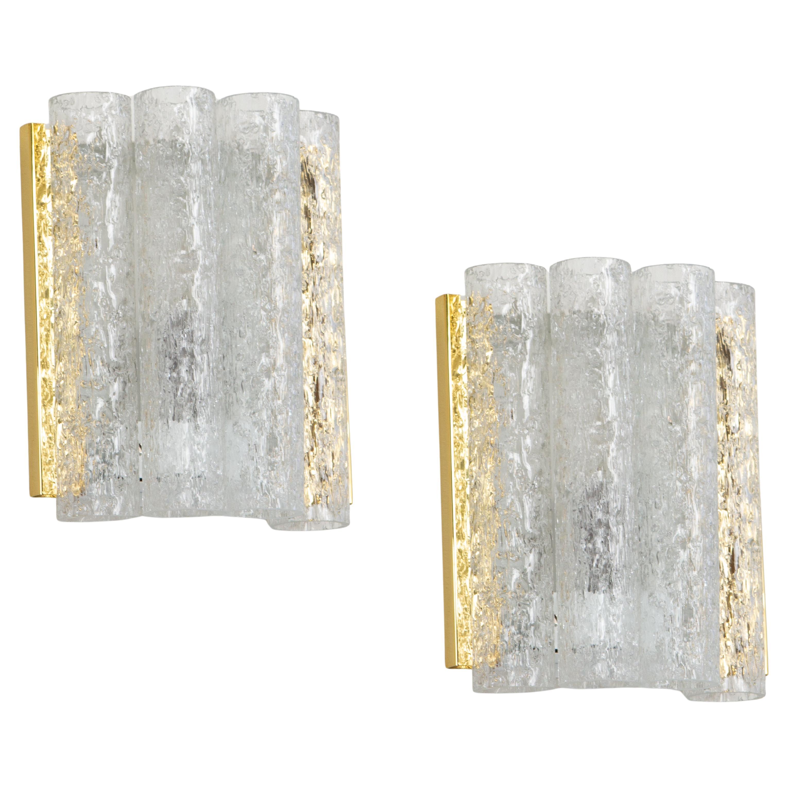 Pair of Brass Ice Glass Wall Sconces by Doria, Germany, 1960s