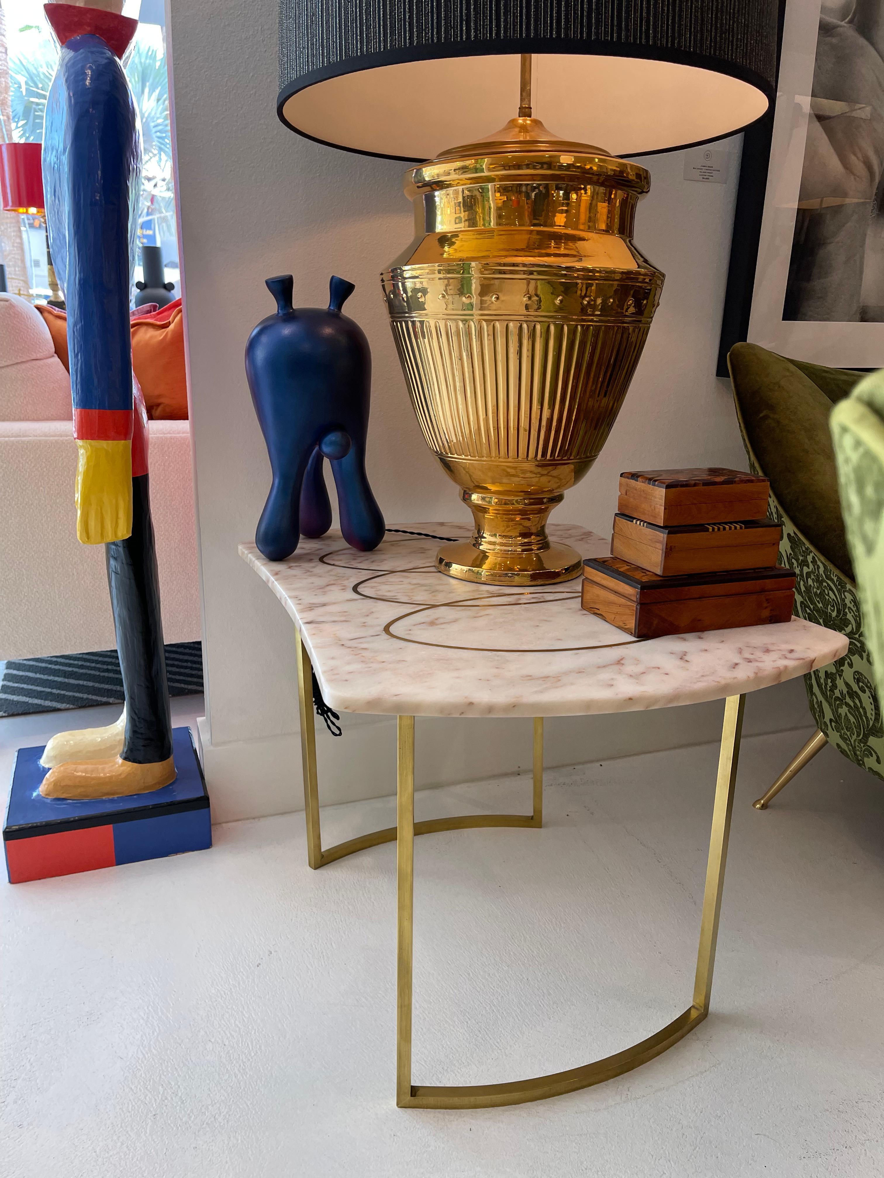 American Pair of Brass Inlaid Marble Top Side Tables on Brass Bases For Sale