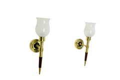 Pair of Brass & Iroko Wall Sconces Opalin Lampshade Maison Lancel circa 1960