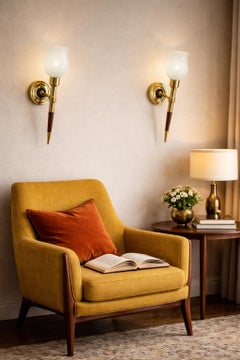 Pair of Brass & Iroko Wall Sconces Opalin Lampshade Maison Lancel circa 1960