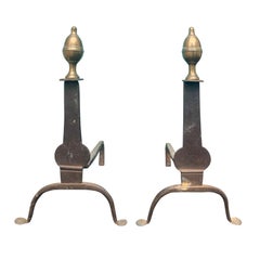 Pair of Brass and Iron Andirons, Brass Acorn Finial, circa 1800