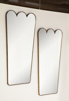 Pair of Brass Italian 1950's Modernist Mirrors with Scalloped Crest