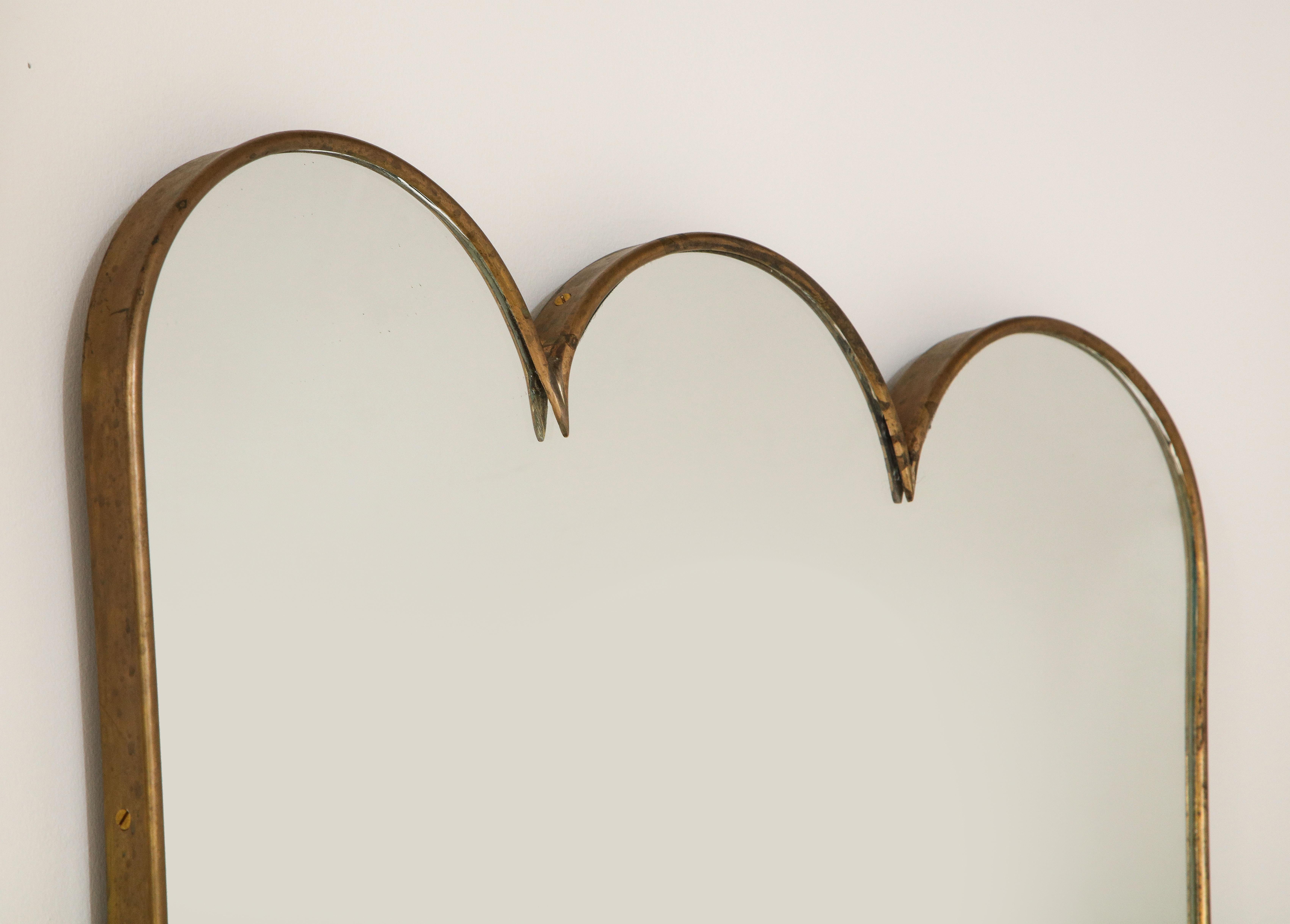 Mid-20th Century Pair of Brass Italian 1950's Modernist Mirrors with Scalloped Crest