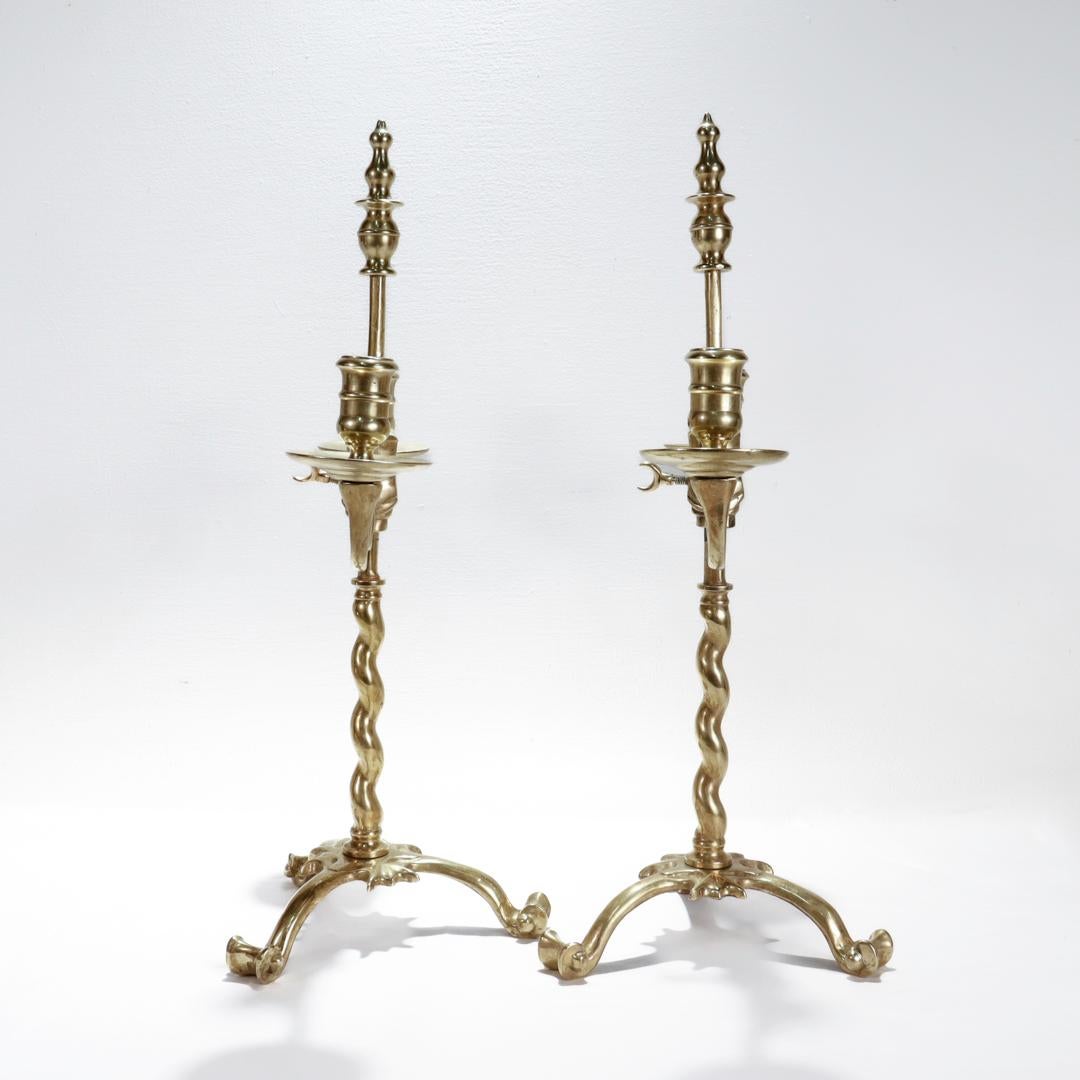Pair of Brass Jacobean Style Barley Twist 2-Light Adjustable Candelabra In Good Condition For Sale In Philadelphia, PA