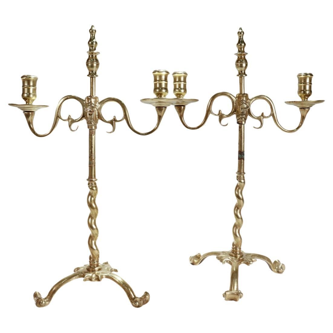 Pair of Brass Jacobean Style Barley Twist 2-Light Adjustable Candelabra