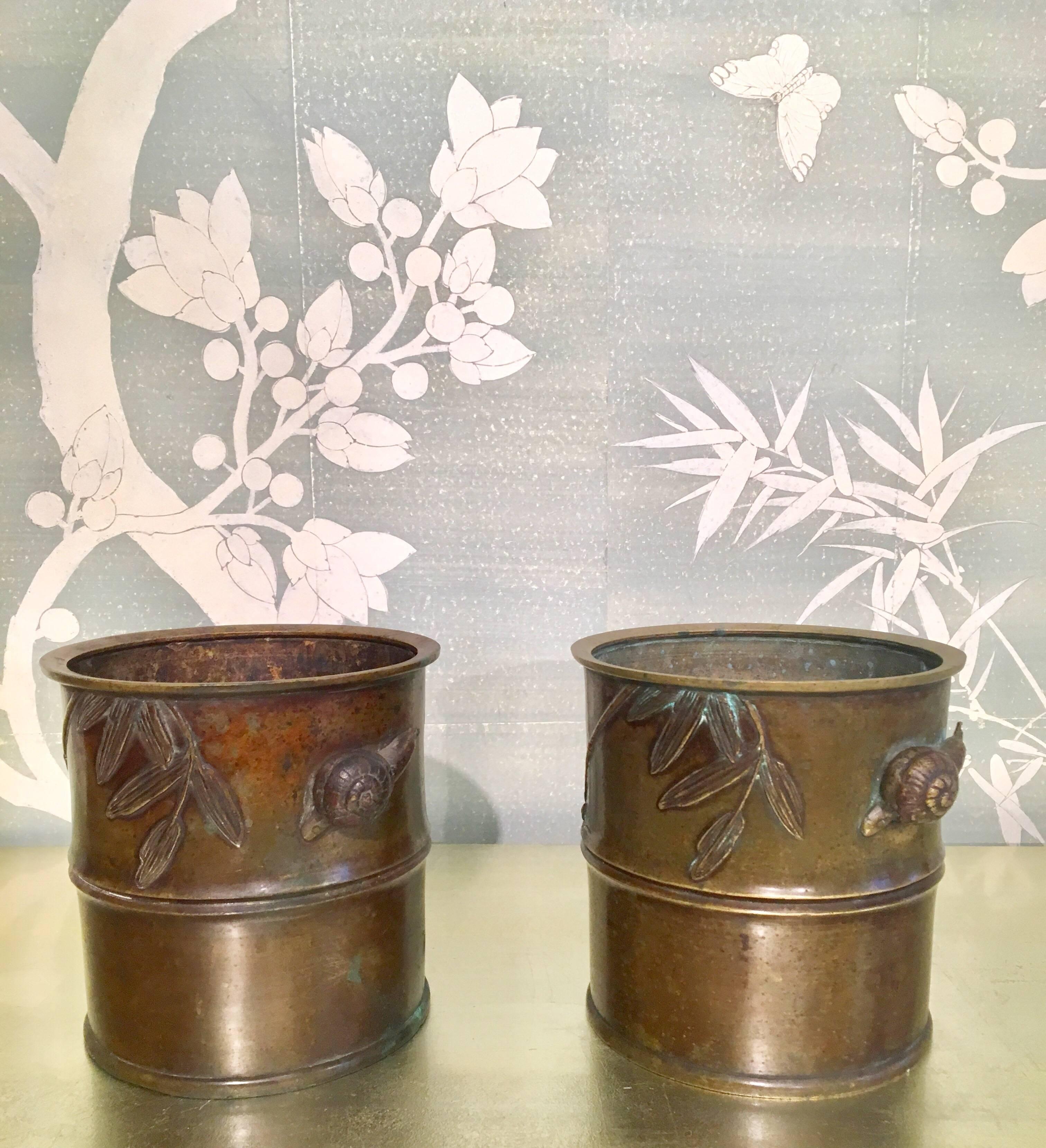 A pair of vintage Japanese brass Japanese braziers, or incense burners, with bamboo design and snail handles.
