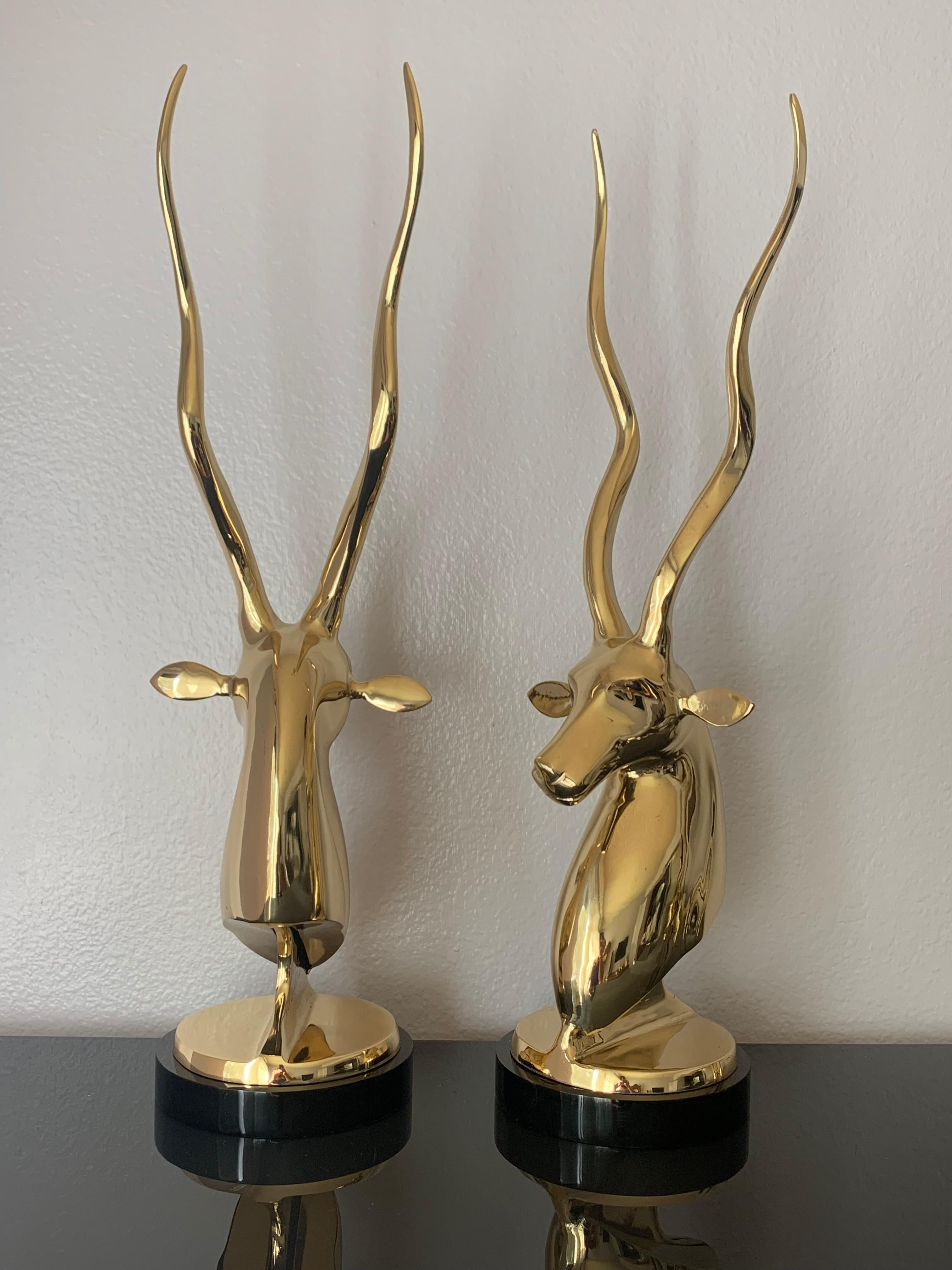Hollywood Regency Pair of Brass Kudu or Antelope Busts