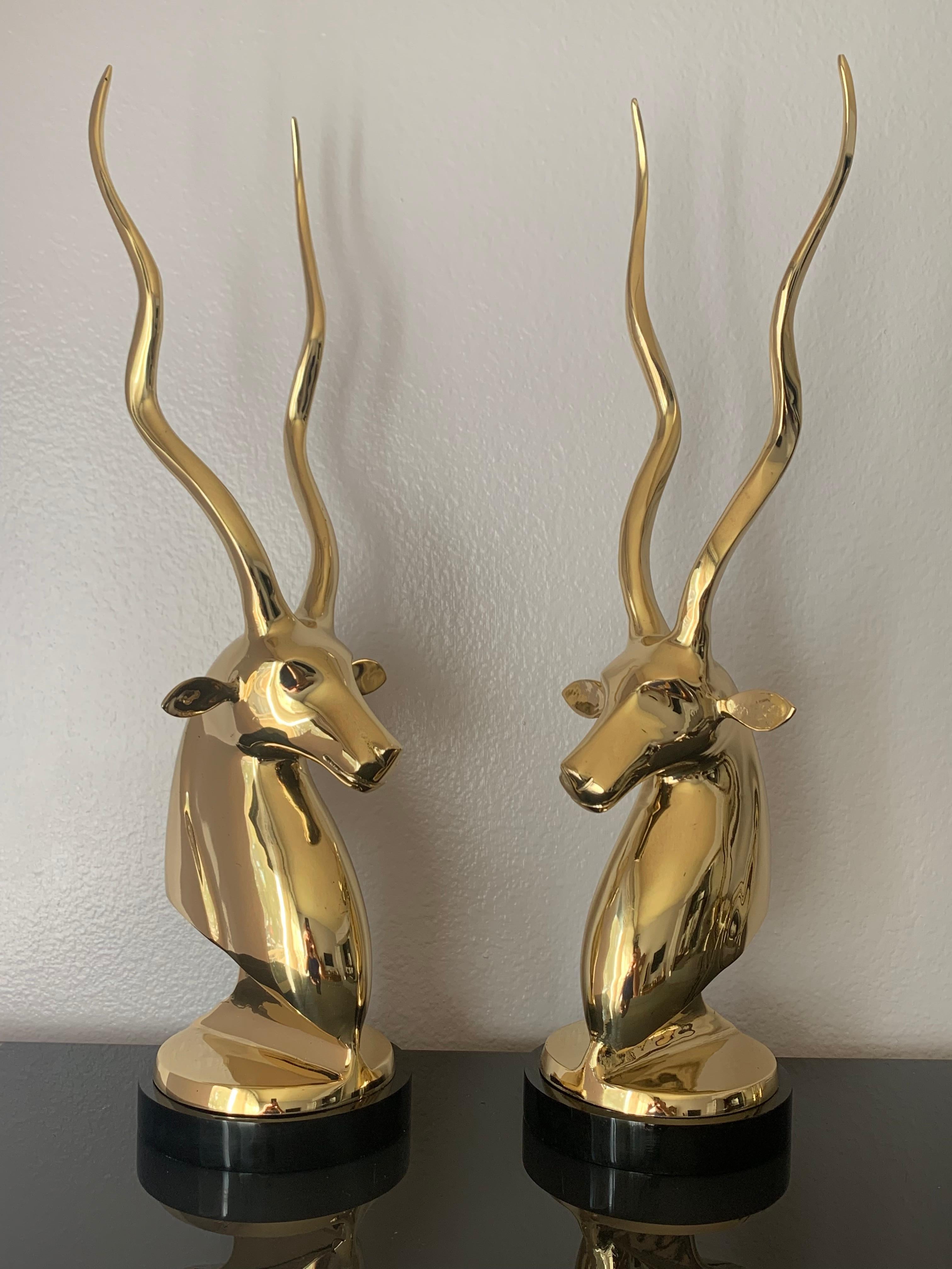 Polished Pair of Brass Kudu or Antelope Busts