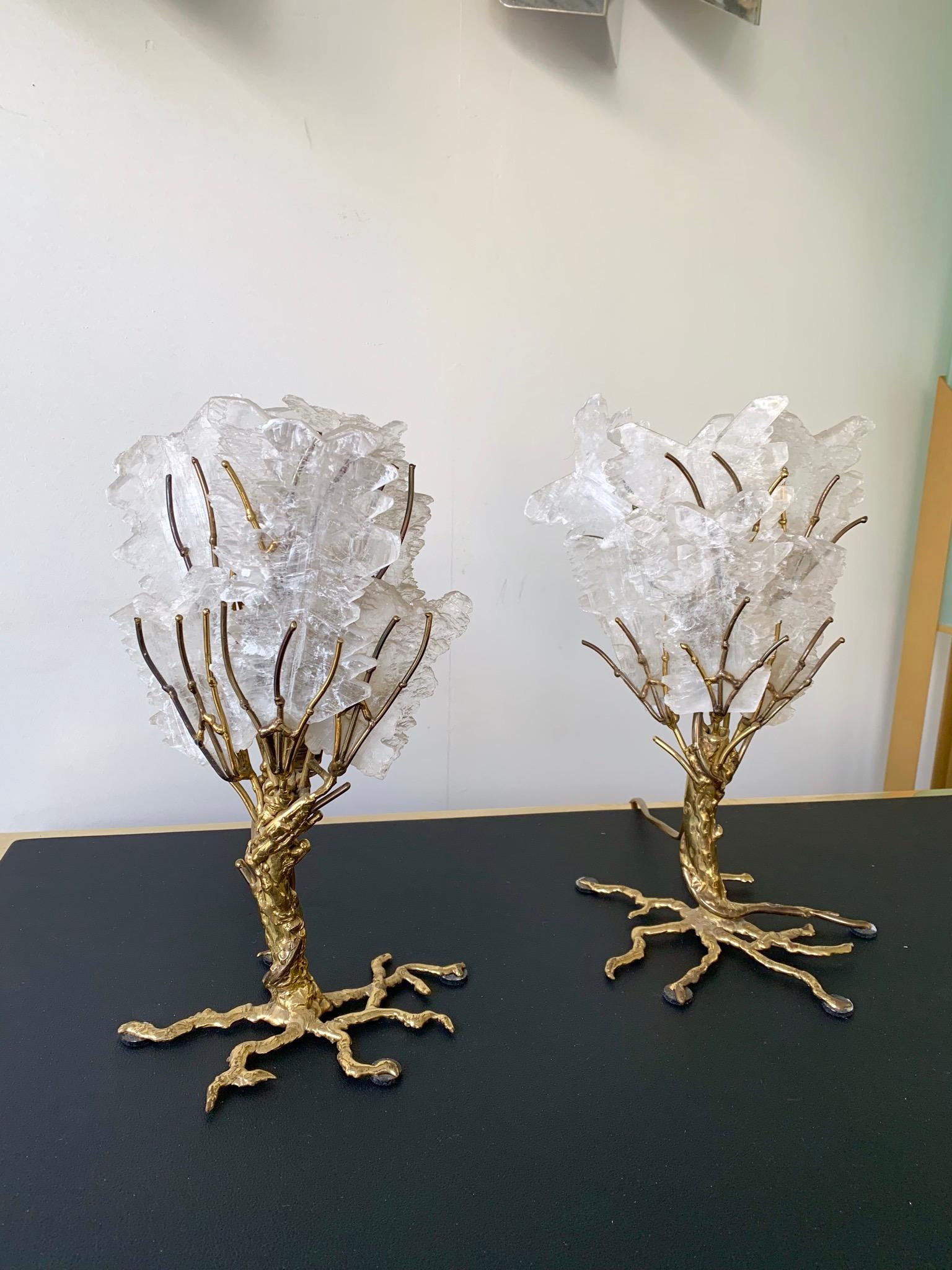 Rare pair of table or bedside lamps by Richard Faure for Maison Honoré in the 1980s. Vegetal style, brass fusion structure and natural gypsum stone. Its a famous manufacture and designer like Henri Fernandez, Isabelle Faure, jansen, Bagues, Maison