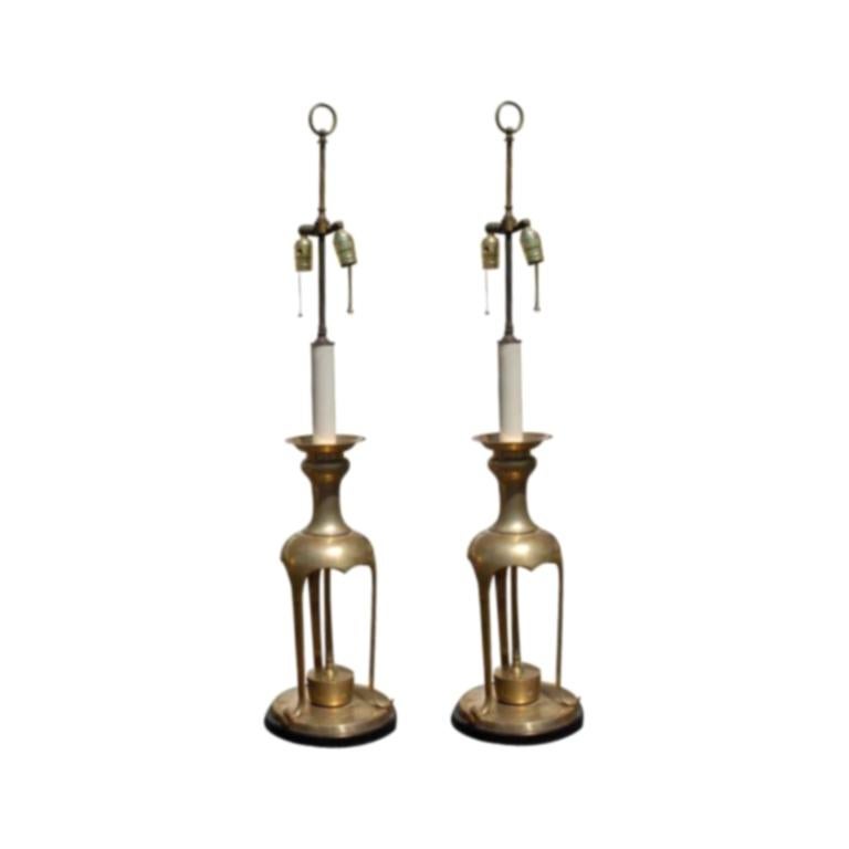 Pair of Brass Lamps in the Manner of James Mont For Sale