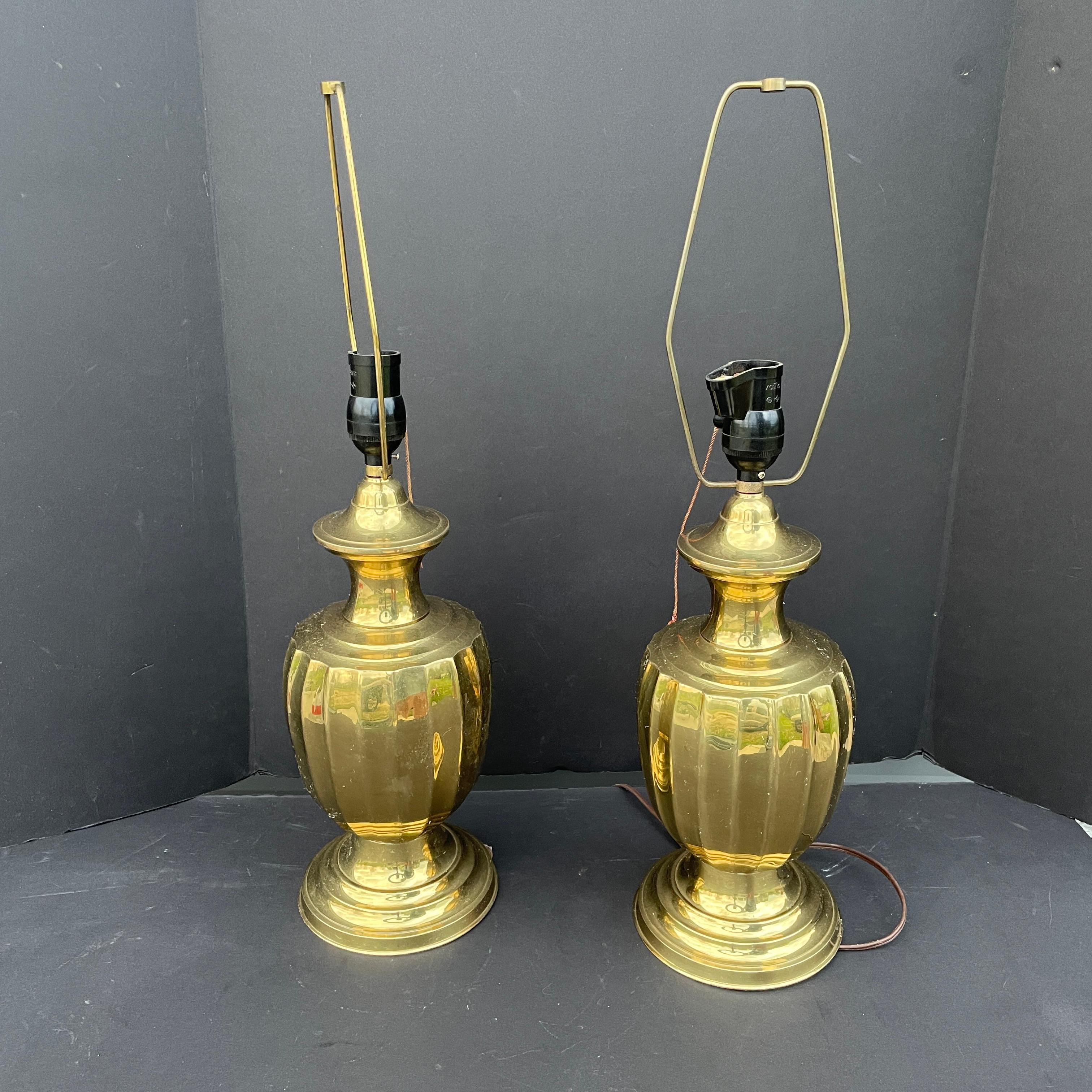 Lacquered Pair of Brass Lamps in the Style of Frederick Cooper For Sale