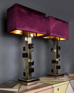 Pair of Brass Lamps with Amethyst Cubes of Murano Glass Velvet Lampshades, 1980s