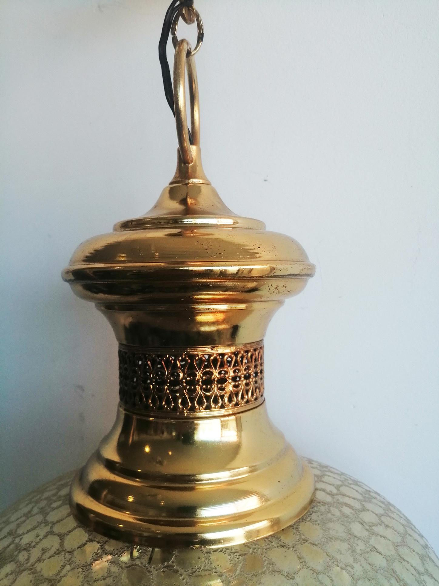 Pendants Lamps Lanterns Crystal Globe, Pair Brass Gold Spain Mid 20th Century 4