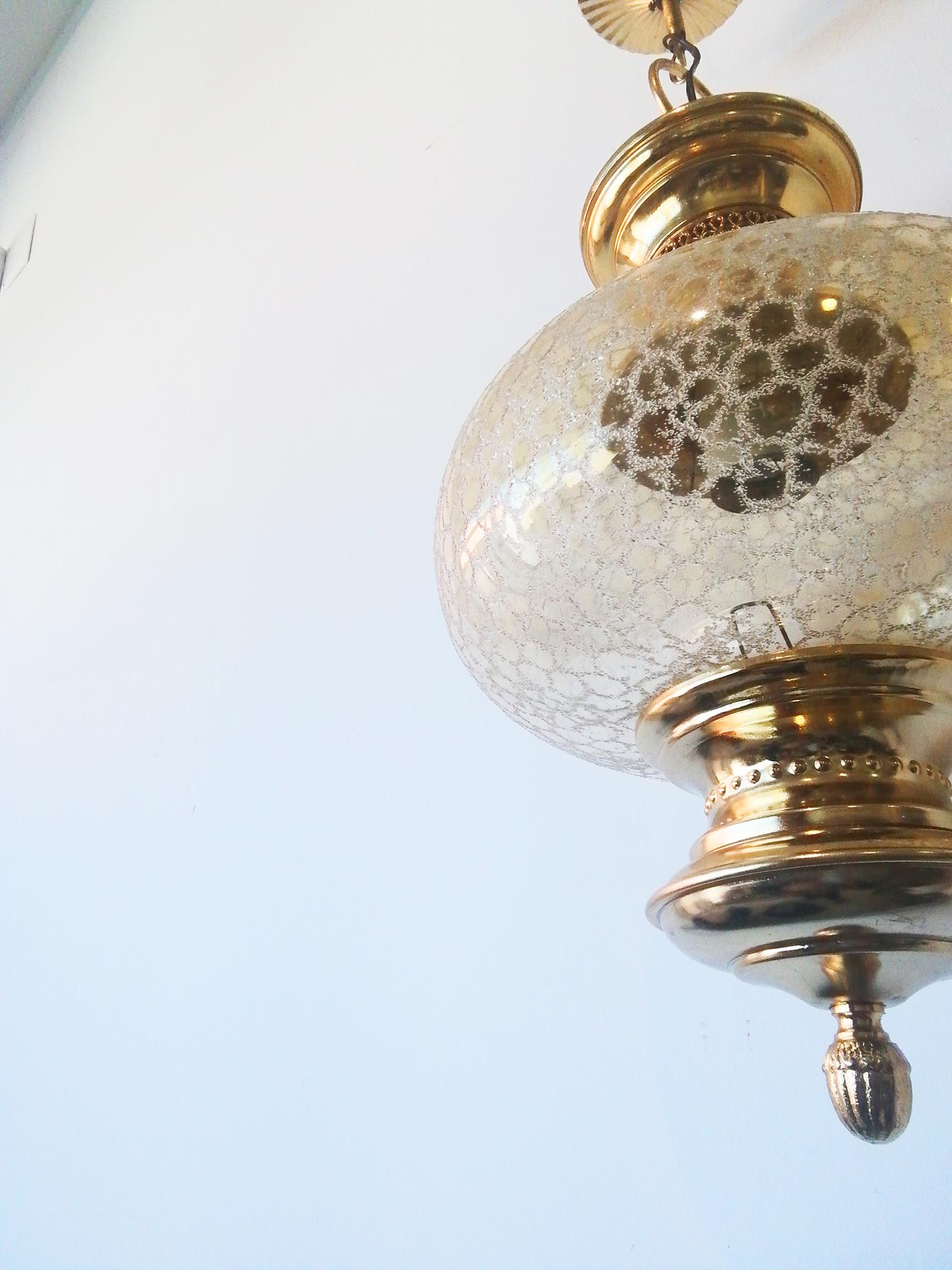 Pendants Lamps Lanterns Crystal Globe, Pair Brass Gold Spain Mid 20th Century 10