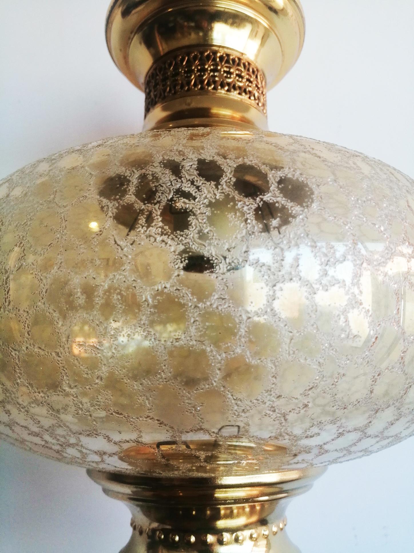 Pendants Lamps Lanterns Crystal Globe, Pair Brass Gold Spain Mid 20th Century 12