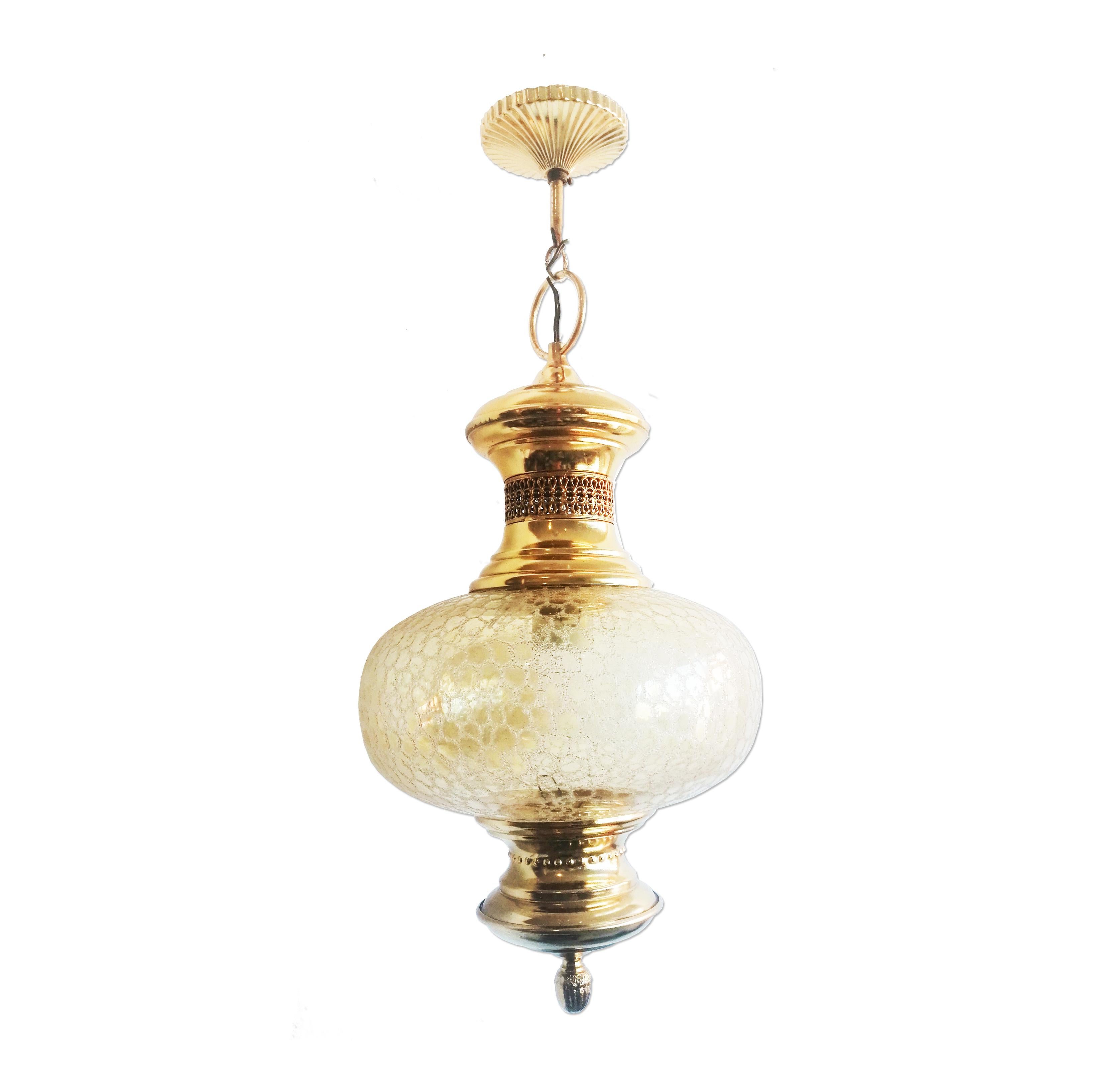 Pendants Lamps Lanterns Crystal Globe, Pair Brass Gold Spain Mid 20th Century 2
