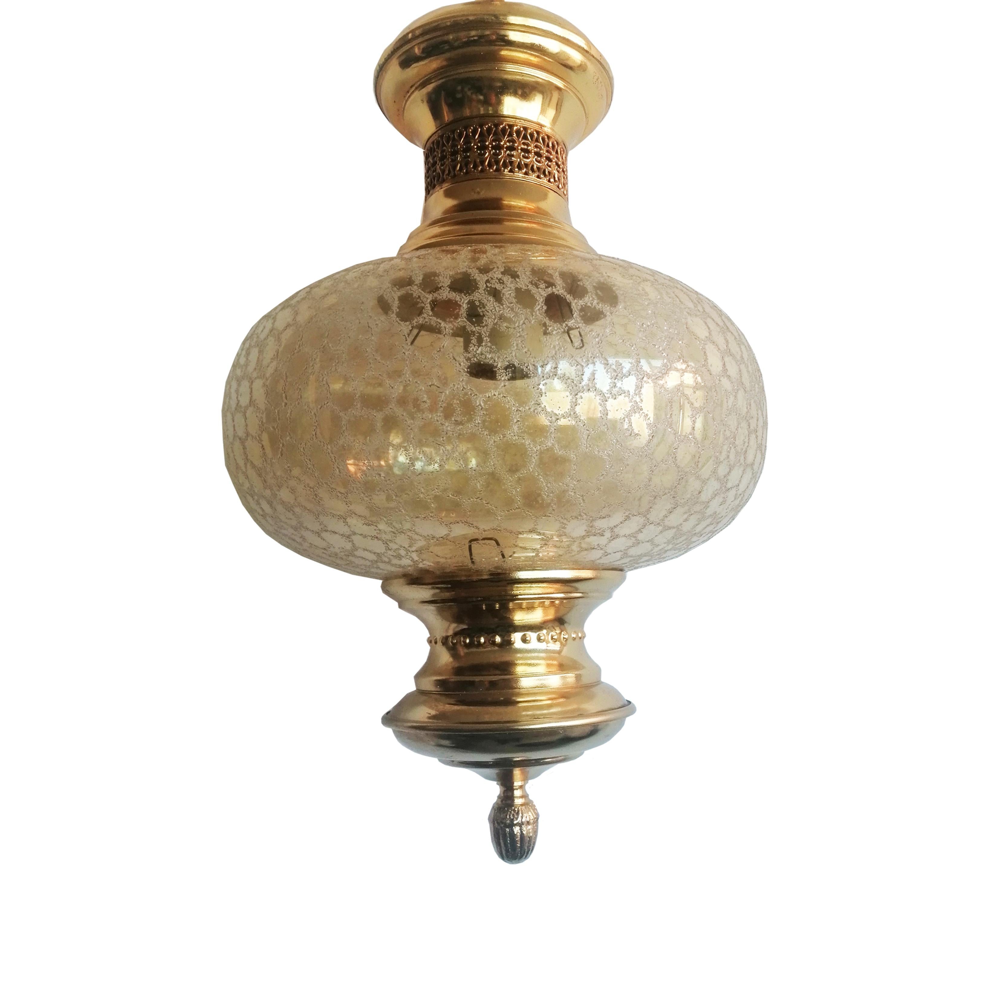 Pendants Lamps Lanterns Crystal Globe, Pair Brass Gold Spain Mid 20th Century 3