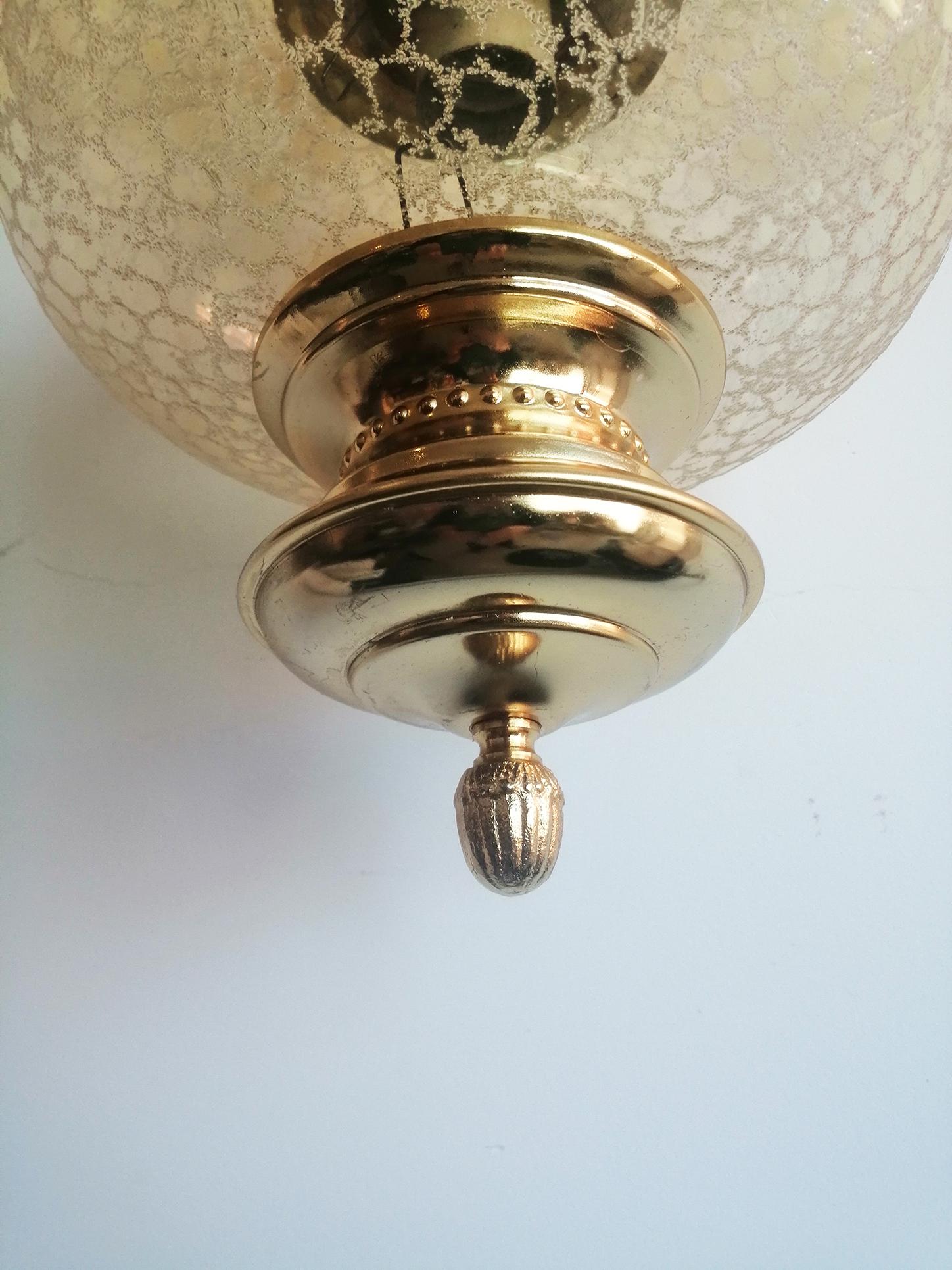 Pendants Lamps Lanterns Crystal Globe, Pair Brass Gold Spain Mid 20th Century 1