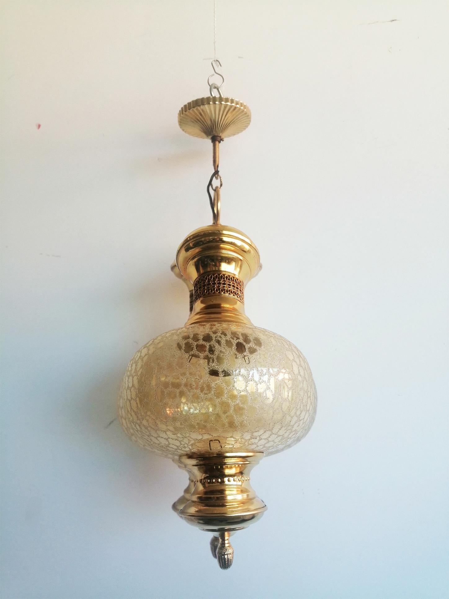 Pendants Lamps Lanterns Crystal Globe, Pair Brass Gold Spain Mid 20th Century 5